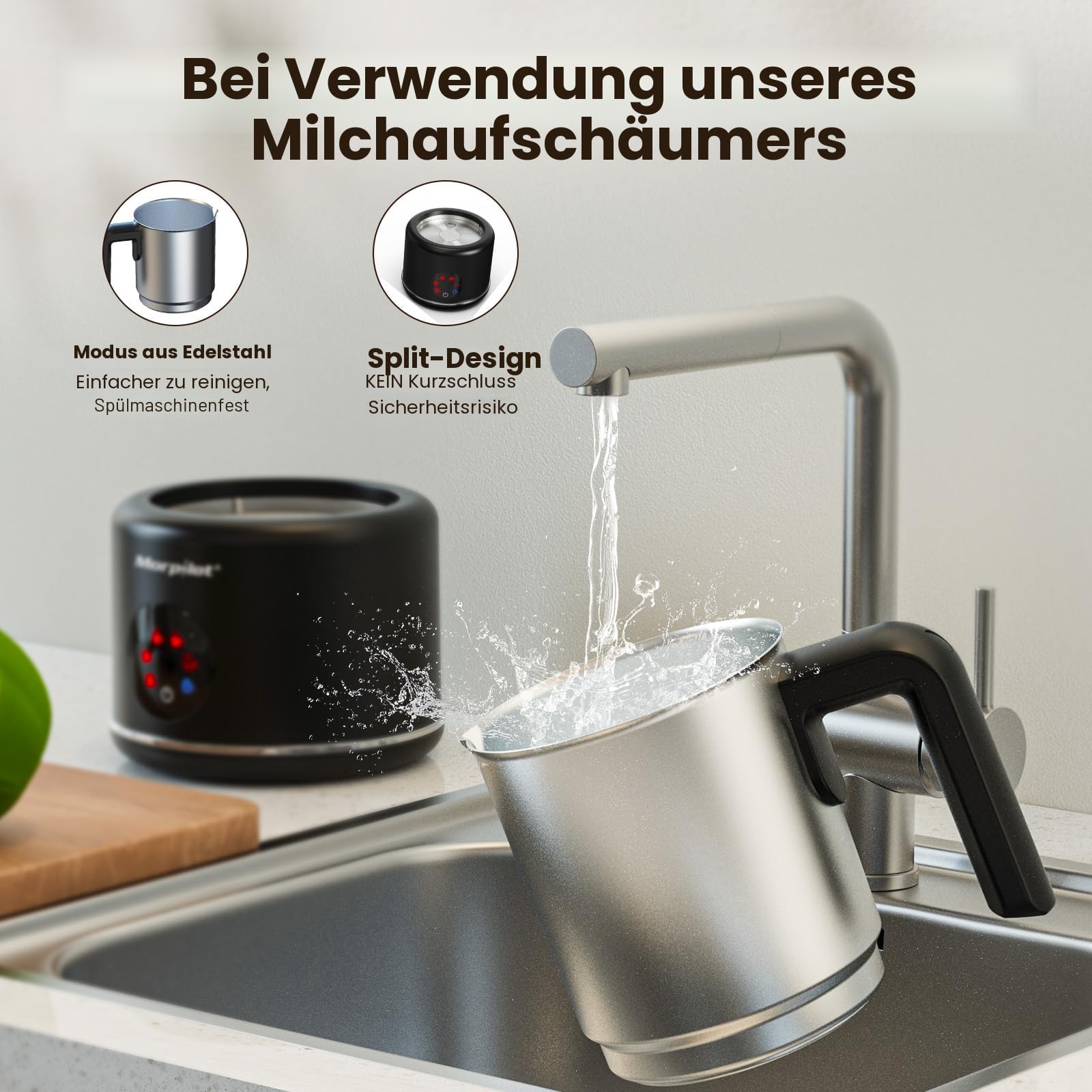 Morpilot Milchaufschäumer Elektrisch, 6 in 1 Milchschäumer für heißer, kalter und heißer Schokolade, 130-500ml, 600W, Antihaftbeschichtung, Latte-Design, Spülmaschinenfest, Edelstahl, Schwarz