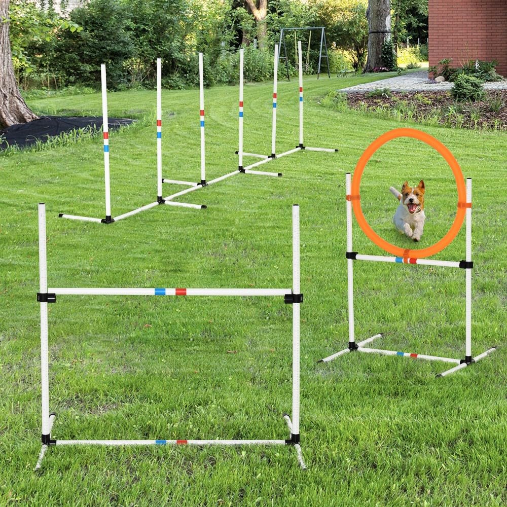 anwickjeff 3PC Dog Agility Training Equipment with Adjustable Hurdle, Hoop, Weave Poles and Carry Bag,Obstacle Course for Dogs Backyard Competitive (White + Orange, 3 Piece)