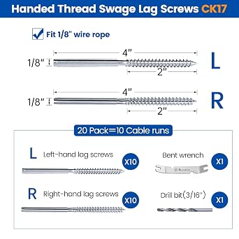 Muzata 20 Pack 1/8 Cable Railing Hardware Kit Swage Lag Screws Left and Right Handed Thread for Wood Post T316 Stainless Steel Deck Cable Railing System 10 Pairs CK17