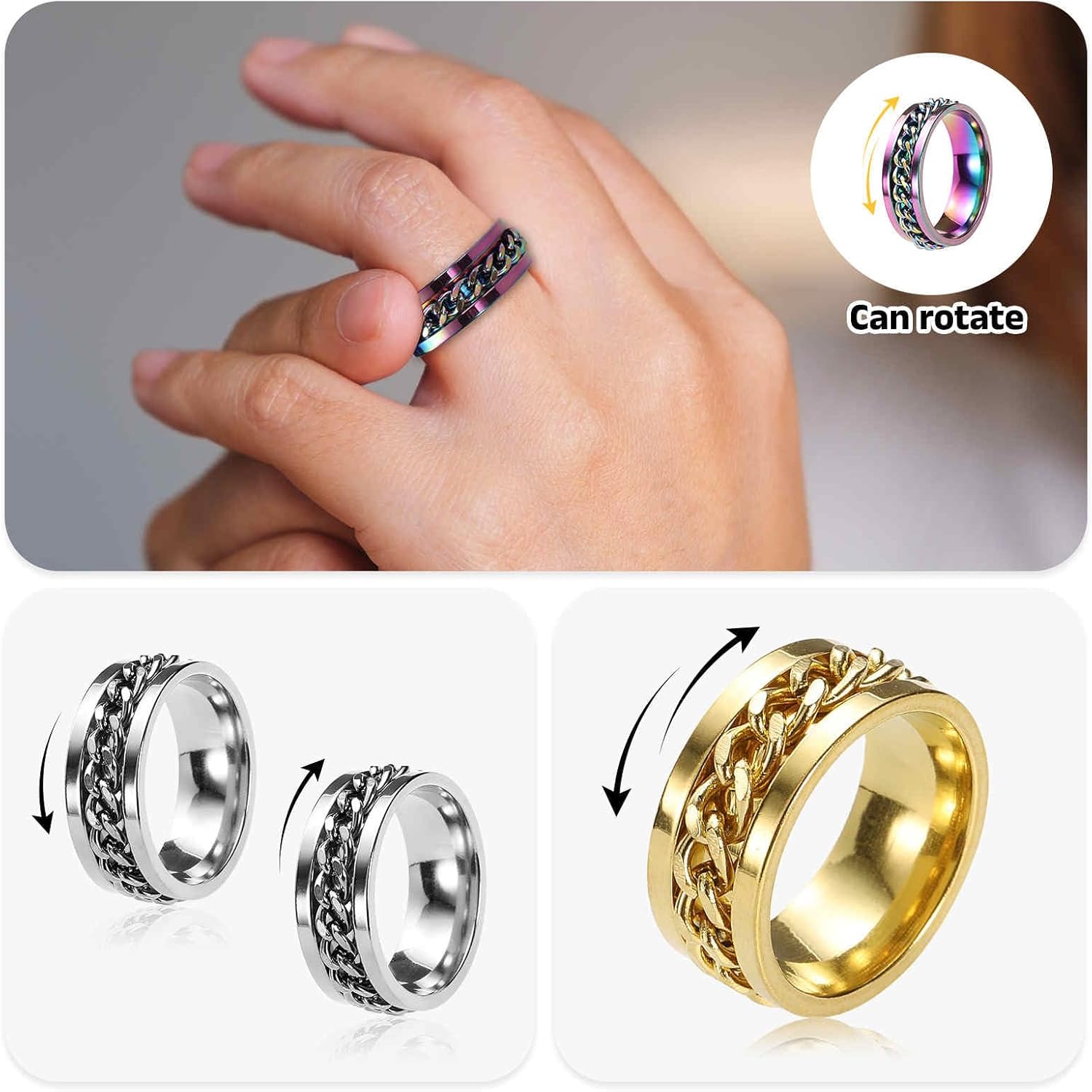 Adults Fidget Ring 0.7" (18mm) Dia. Titanium Steel Chain Rotatable Rings, Metal Band Rings Perfect for Men & Women (Black)