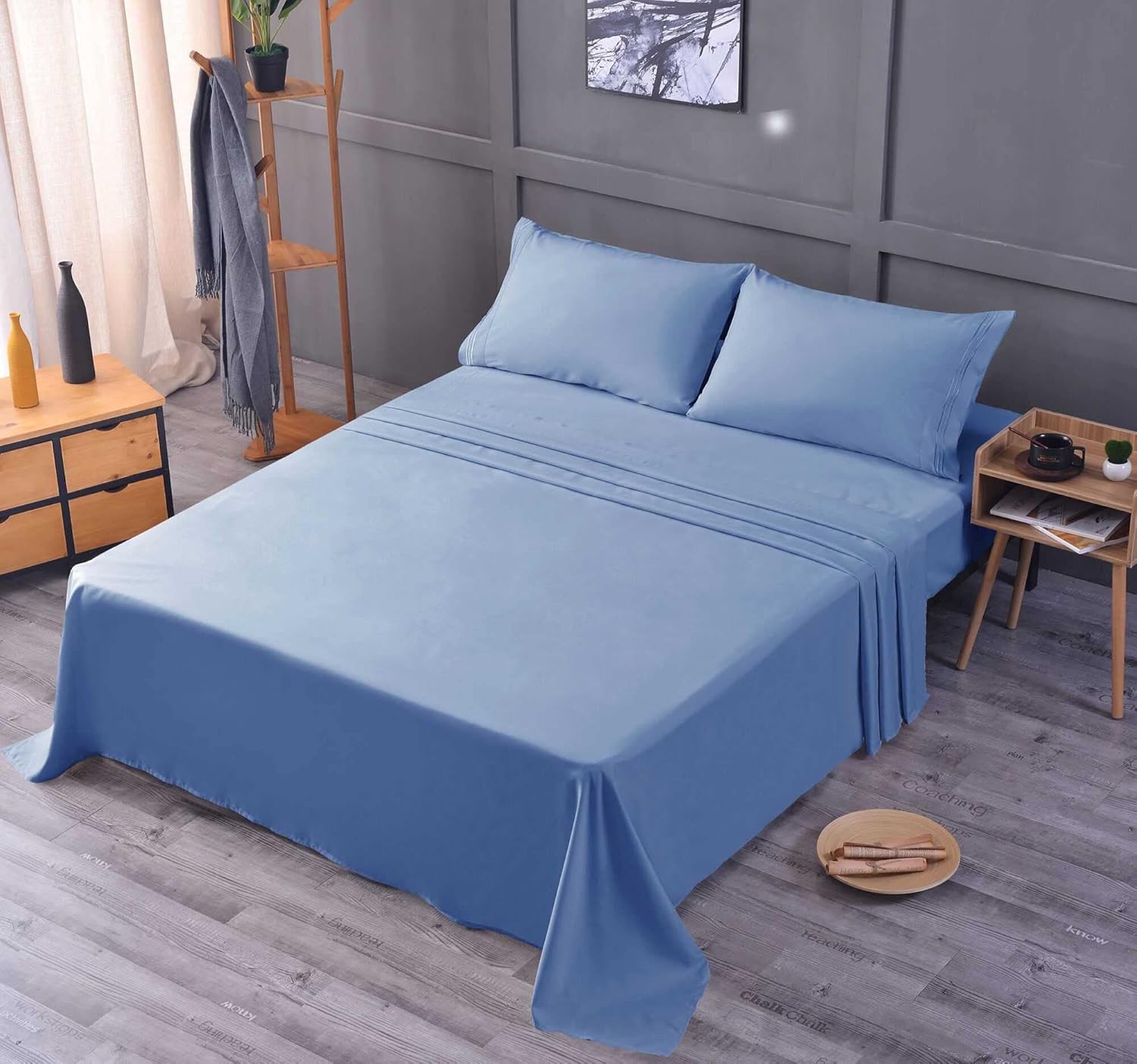 The Season Essentials Wrinkle Free Sheet Sets with Deep Pockets & Stain Resistant, 4 pc, 1800 Thread Count Based, Blue, California King