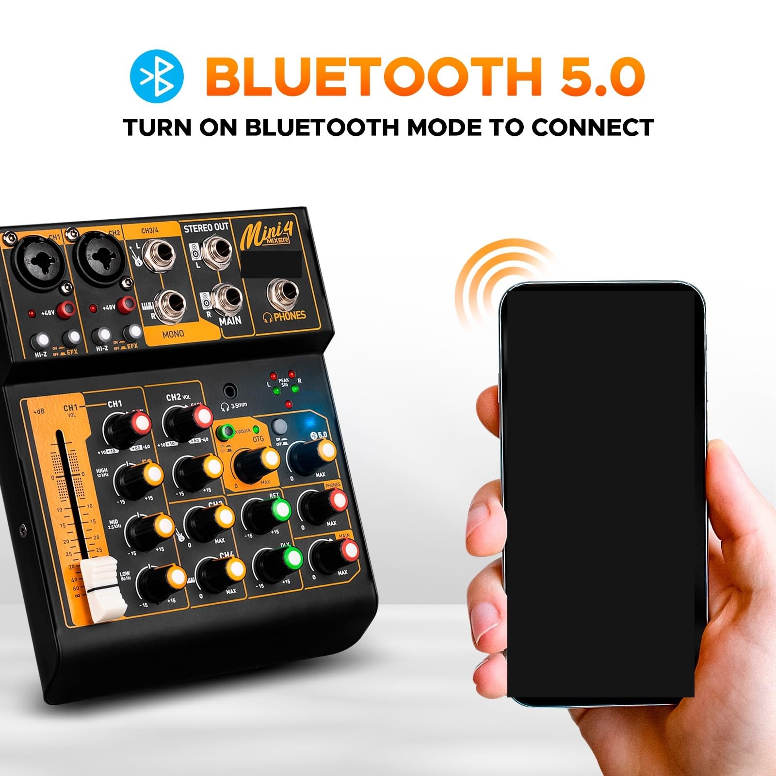 Mixer Audio, Mixer Mini4 a 4 canali, mixer audio con corpo in metallo Scheda Bluetooth 5.0 OTG Reverb 48V