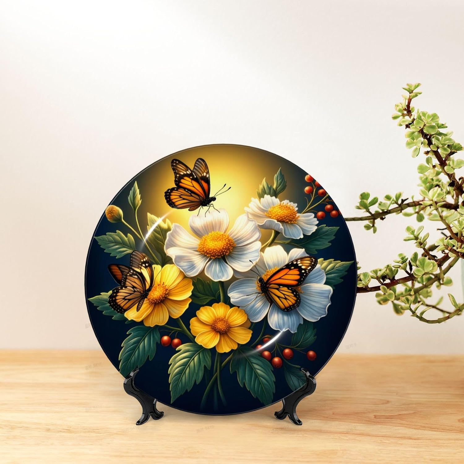 Bee And Daisy Garden Style Ceramic Plate Display Decorative Plate With Stand Wall Hanging Plate For Home Decor 10 Inch