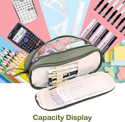 Miniatura 4 de iSuperb Estuche para lápices de 2 compartimentos con cremallera y asa, organizador estético de gran capacidad, bolsa de lona y nailon para