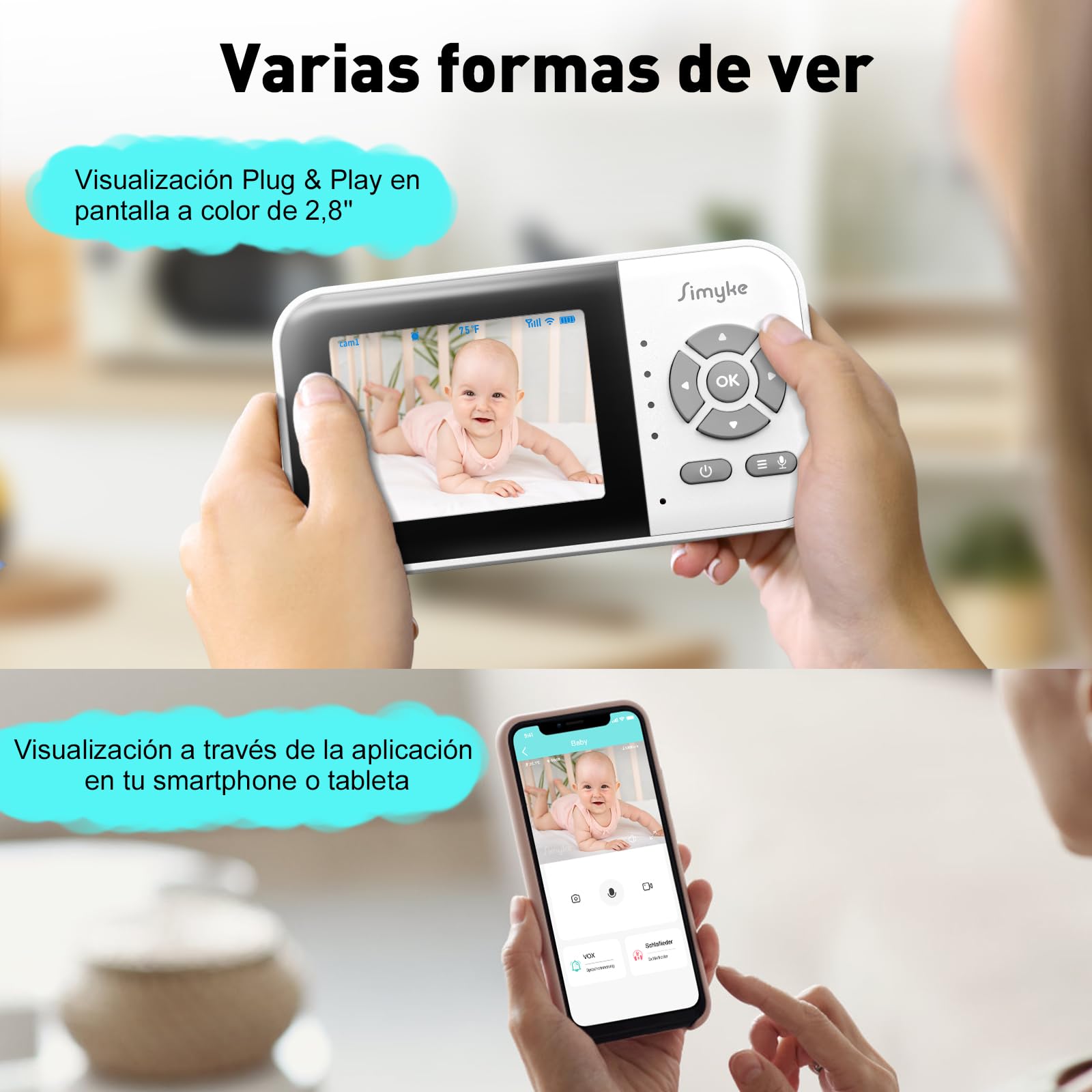 Vigilabebes con Camara WiFi y Pantalla de 2,8",Monitor Bebe con App, Audio Bidireccional,Vision Nocturna Automatica, VOX, Sensor de Temperatura, Canciones de Cuna y Largo Alcancepara el Hogar