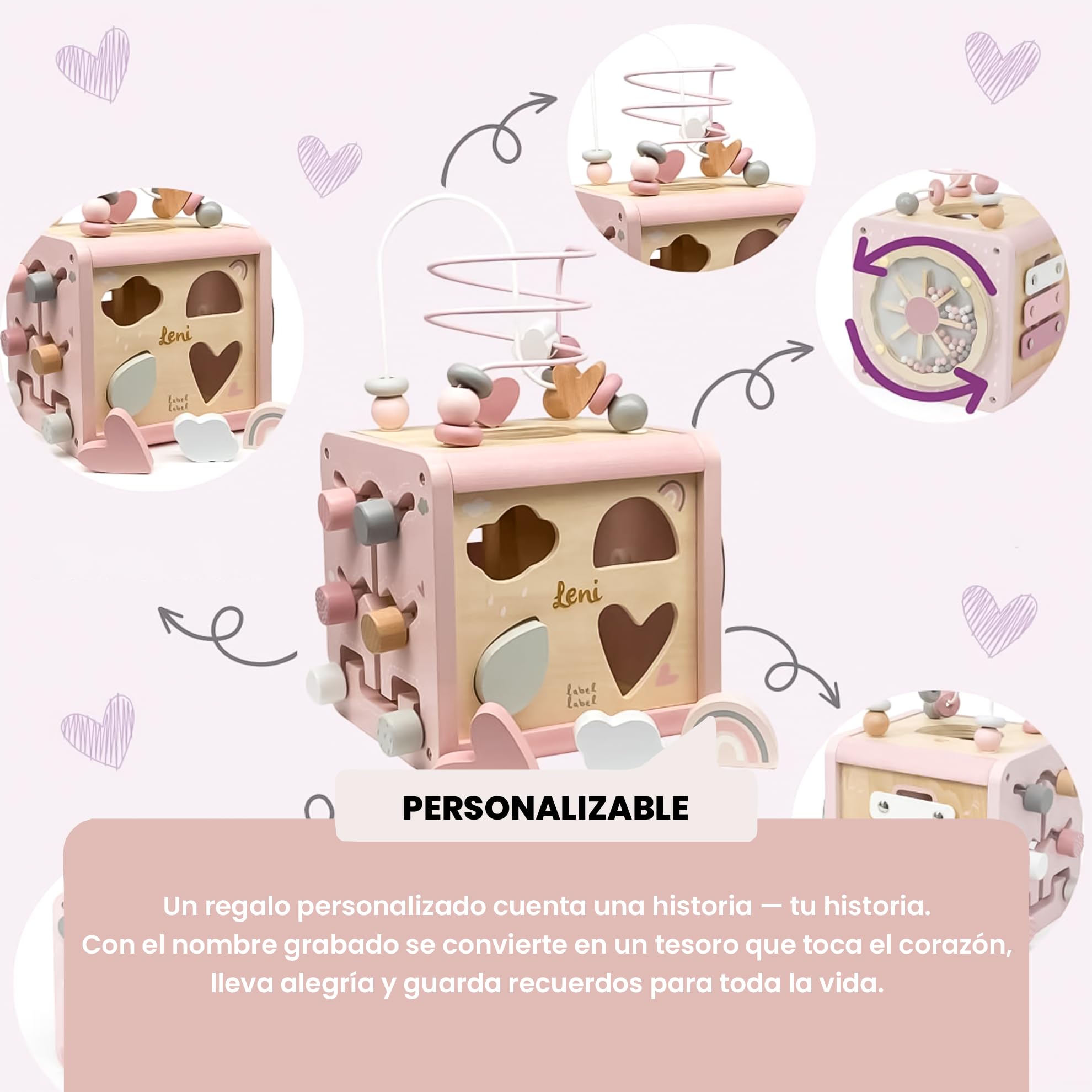 Personalizable Cubo de Actividades de Madera Rosa – motricidad Fina & Aprendizaje de Formas – para niños a Partir de 36 Meses – Personalizado con Nombre – Label Label