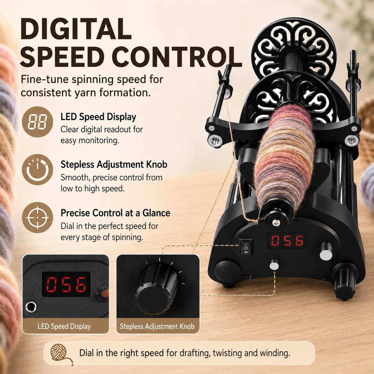 Rueda giratoria eléctrica de lana, bobinadora de bolas de fibra de 12 V con carrete doble de 120 g/240 g, giratorio de hilo con pantalla digital, hacia adelante y hacia atrás para torsión de lana