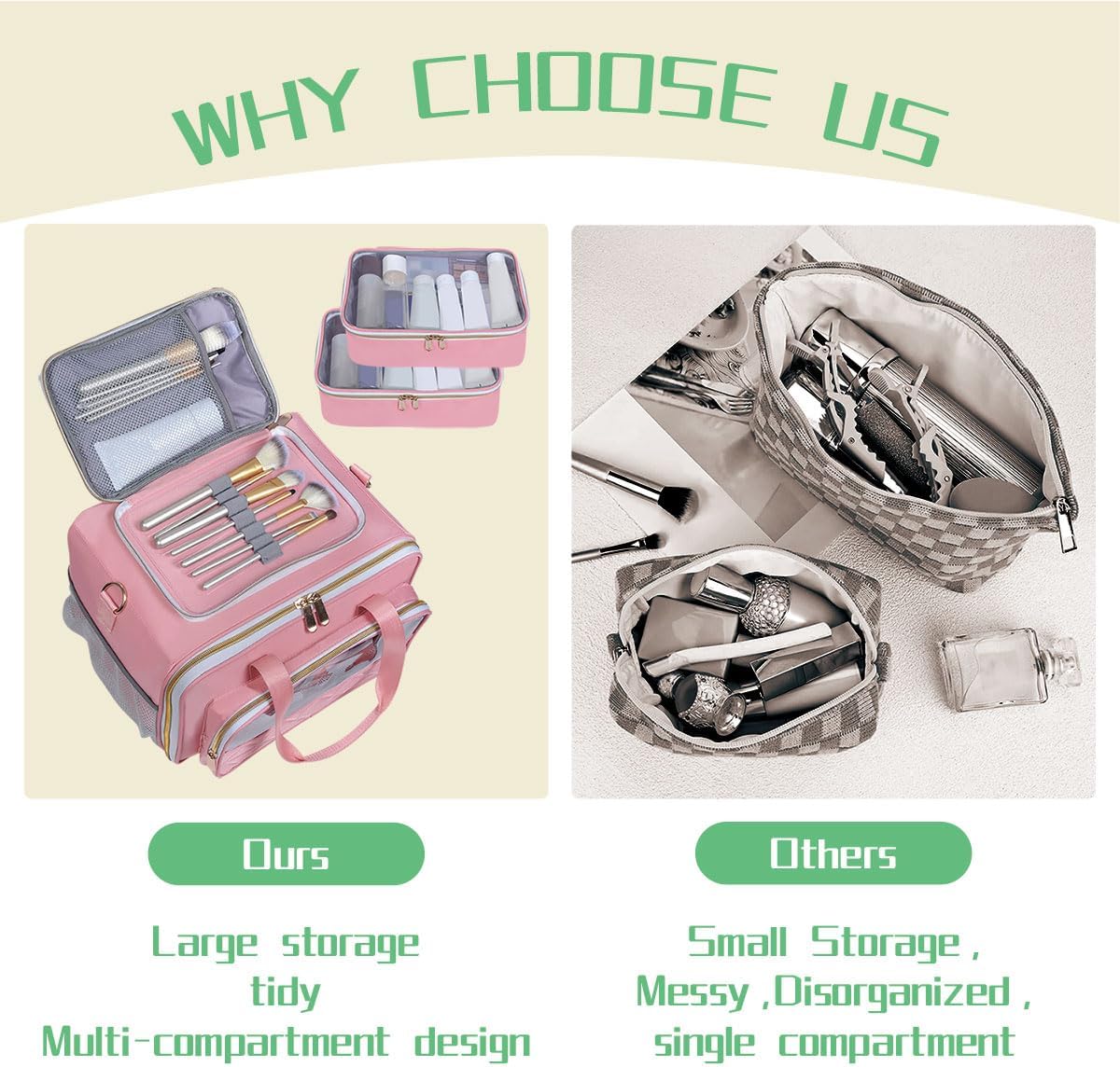 Large Makeup Bag, Travel Toiletry Bag with Zipper, Multifunctional Compartments Cosmetics Bag, for Toiletries, Cosmetics, Brushes & Beauty Tools (Pink) - Image 5