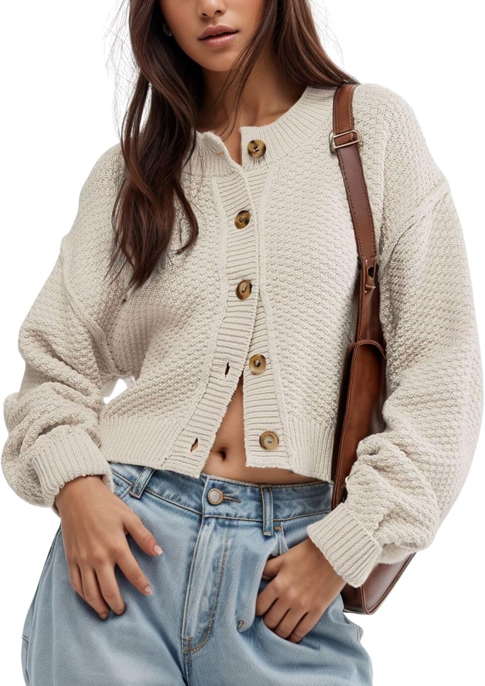 CHARTOU Women Casual Sweater Button Down Cardigan Crewneck Cropped Knit Jacket Outwear