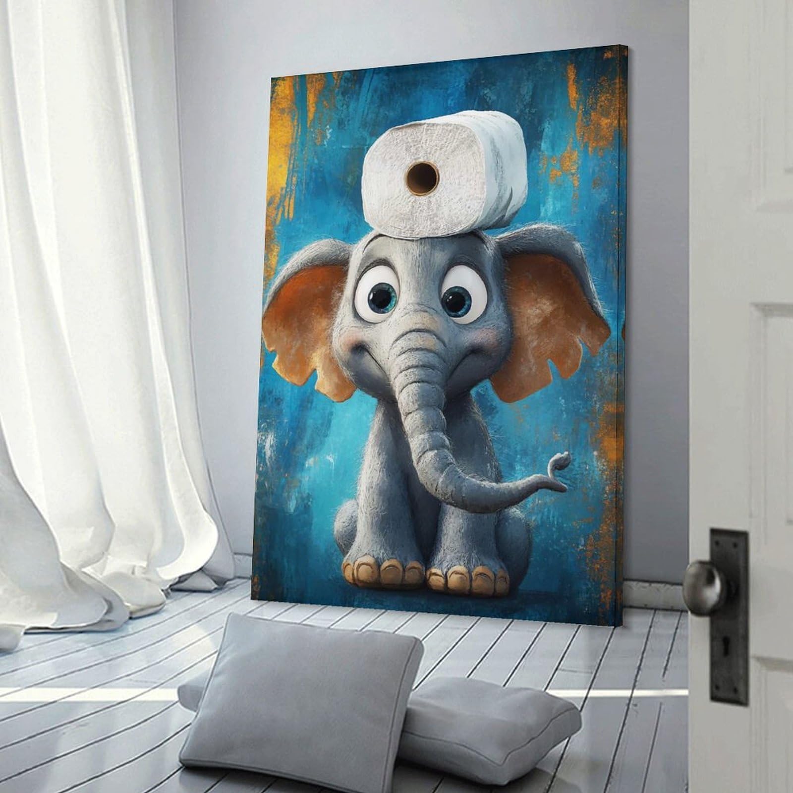 Junmoney Cute Elephant with Toilet Paper Wall Decor Canvas Print, 16x24inch(40x60cm), for Wall Displays, Bedrooms Or Room Updates, Wall Decor Suited to Curated Displays