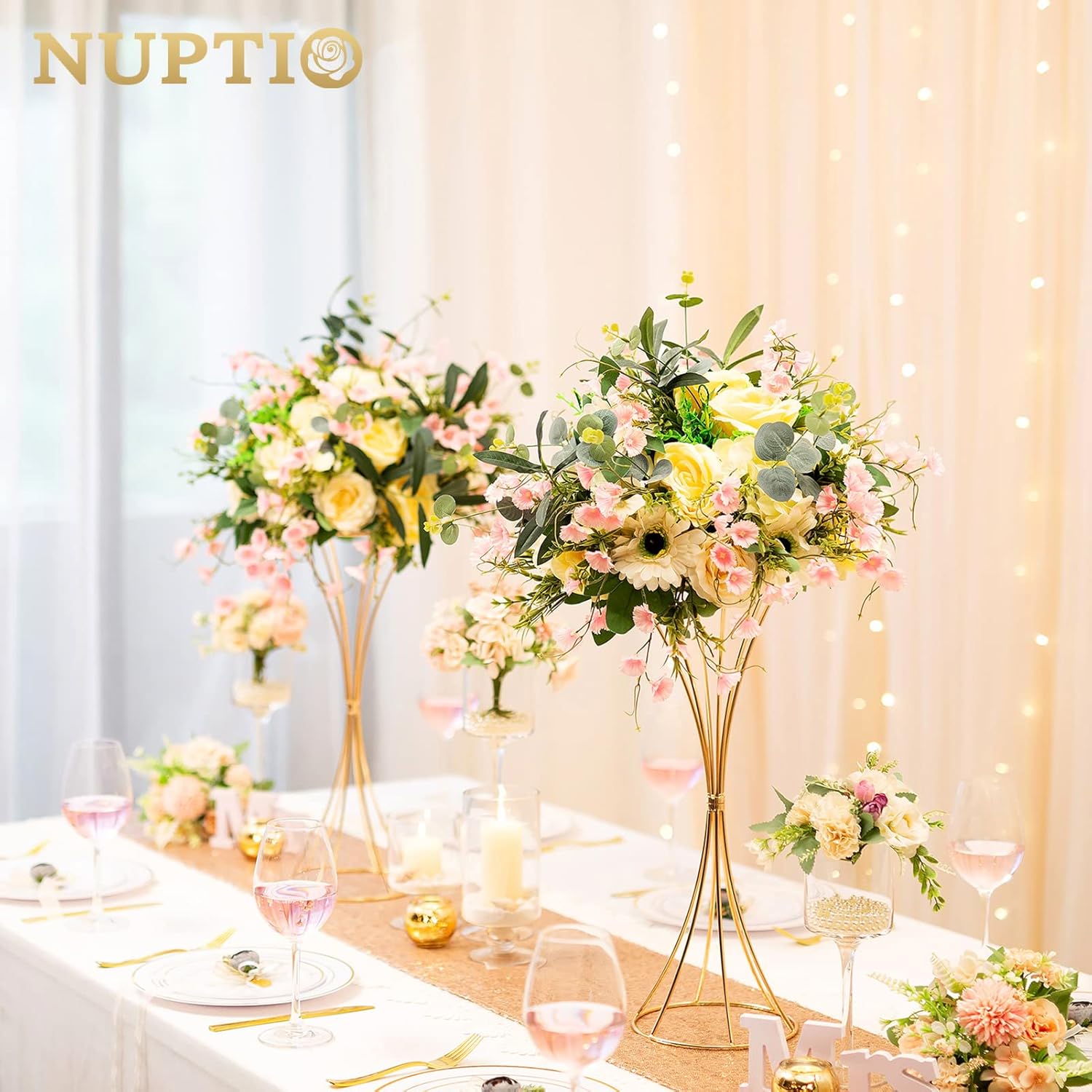 NUPTIO 2 Pcs Wedding Centerpieces for Tables, 19.7in Tall Metal Flower Trumpet Vase, Gold Vases for Centerpieces, Artificial Flower Display Rack for Birthday Party Dinner Event Hotel Home Decor