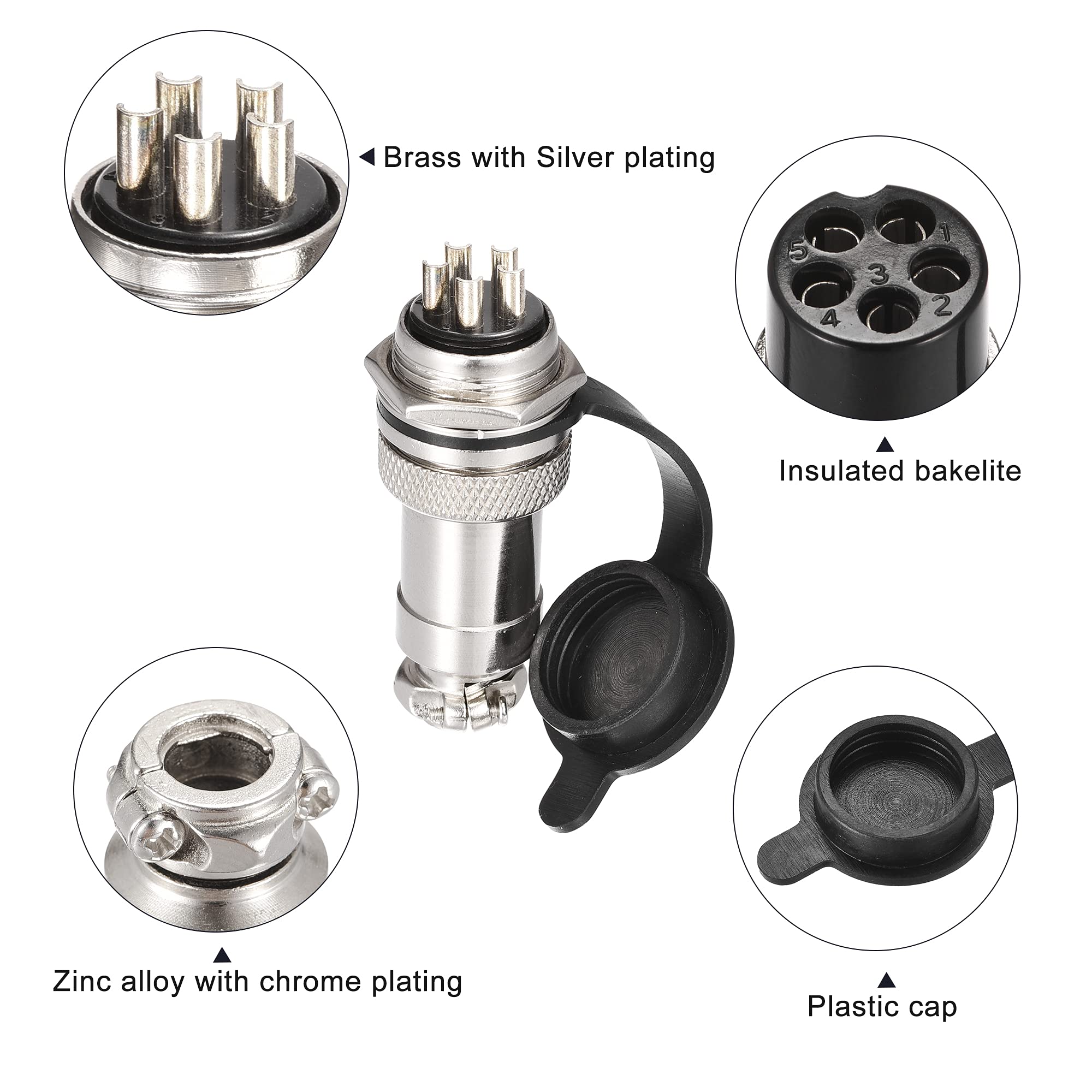 sourcing map Packung mit 5 Sätzen Luftfahrtstecker Set 20mm 5 Klemmen 7A 250V GX20 wasserdichte männliche weibliche Anschlussstücke mit Steckerabdeckung