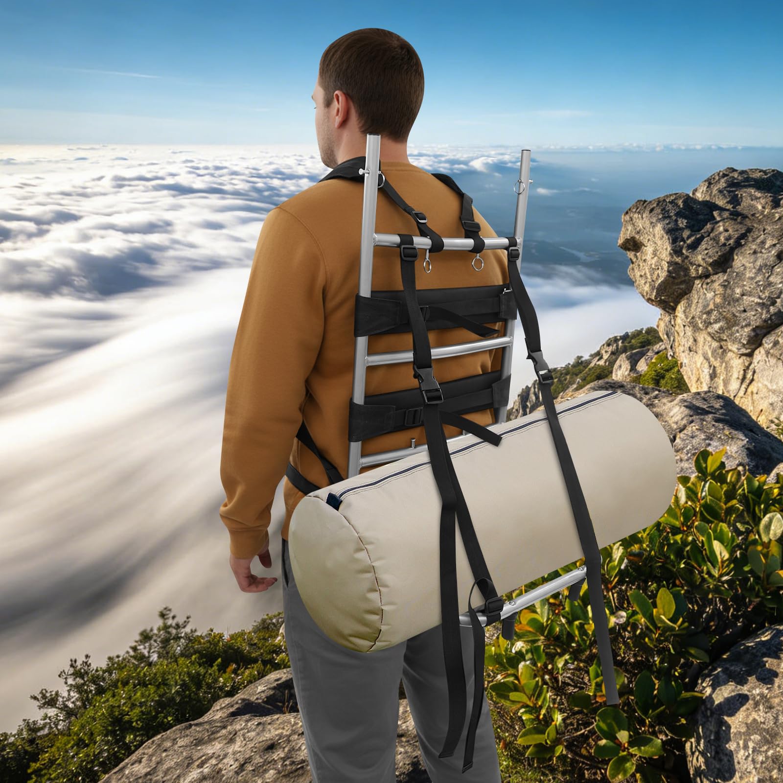 Telaio per zaino pesante (20 kg), robusto telaio pieghevole in alluminio e nylon, spallacci regolabili, ideale per trekking e attività all'aperto