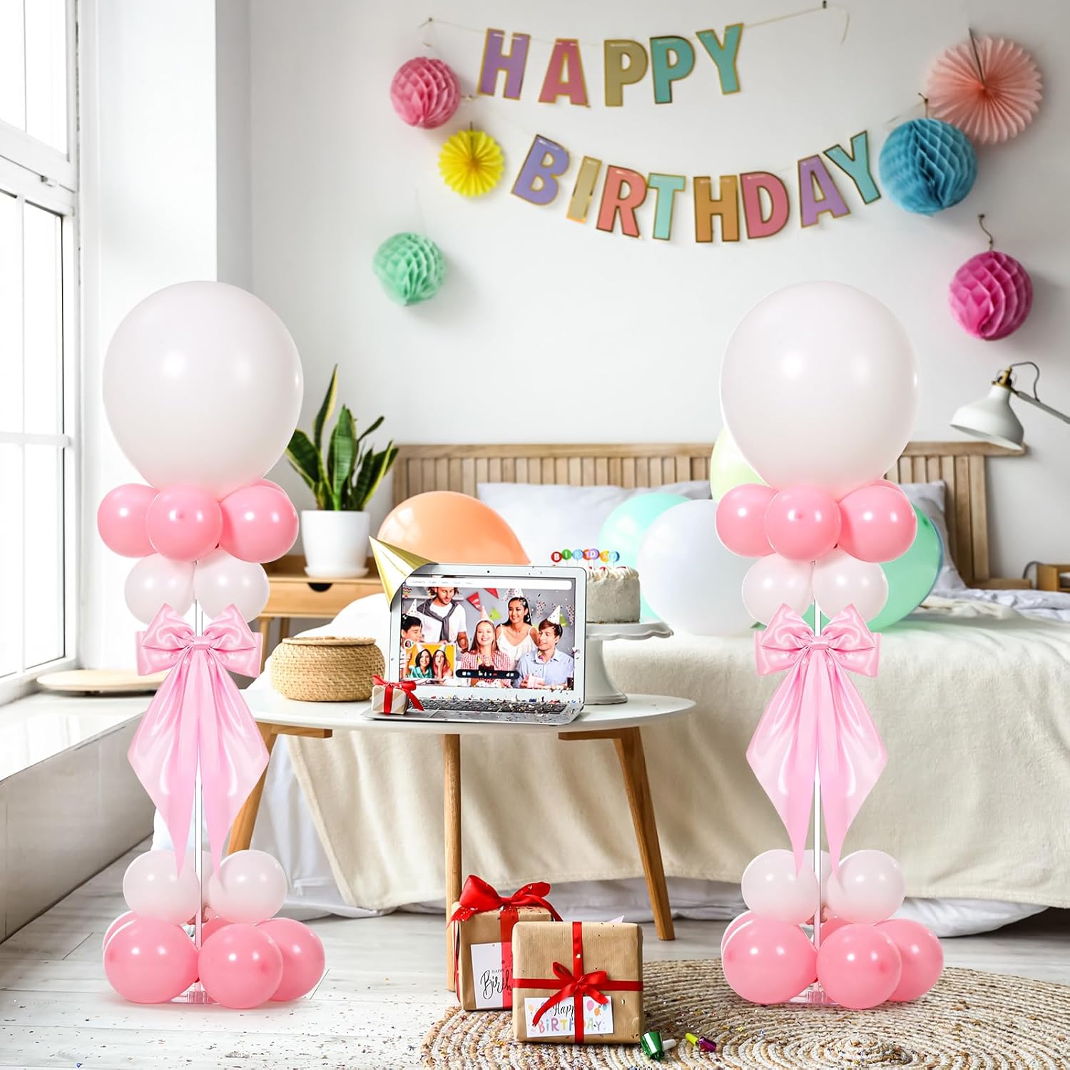 Foilswirl 4 Sets Balloon Centerpieces for Tables Pink Bow Coquette Birthday Decor Include 4 Balloon Stand Kits 84 Balloons of Different Sizes 4 Decorative Bows for Baby Shower Birthday Wedding Party