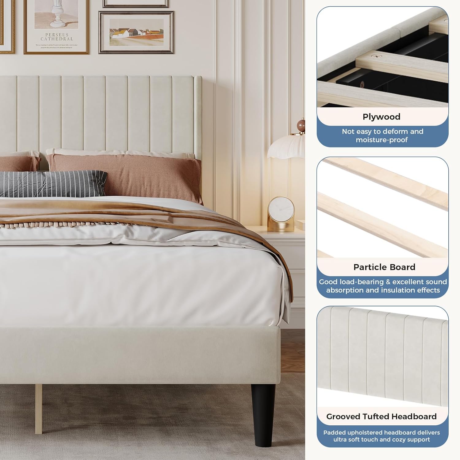 DUMOS Full Size Bed Frame with Modern Fabric Upholstered Wingback Headboard & Wooden Slats, 800lbs Capacity, No Box Spring Needed, Easy Assembly Upholstered Platform Bed, Beige