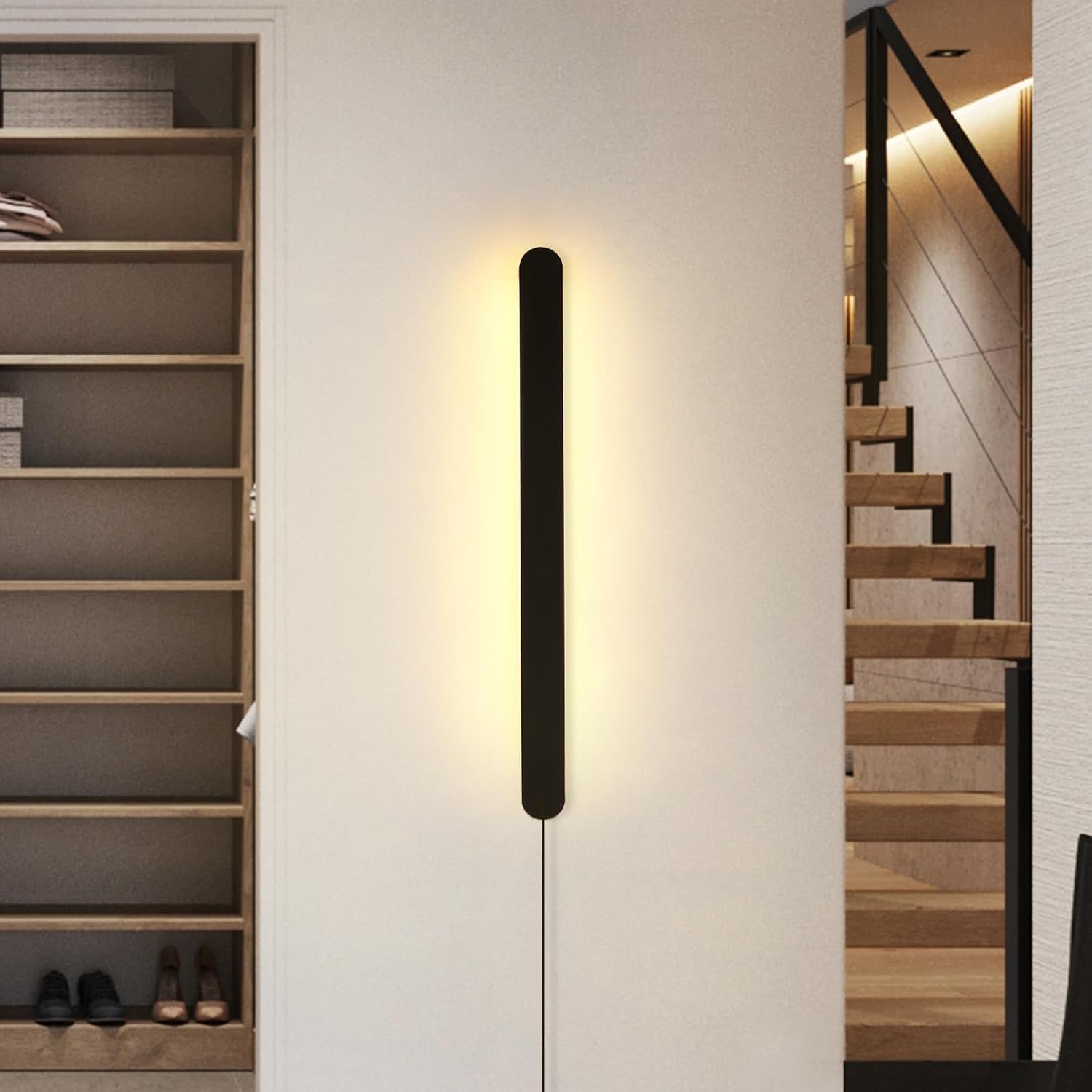 Modern LED Plug in Wall Sconce, 23.6" Black Matte Long Wall Lights, 12W Warm White 3000K Acrylic Indoor Wall lamp, with 59" Plug Cable for Bedroom, Living Room, Hallway