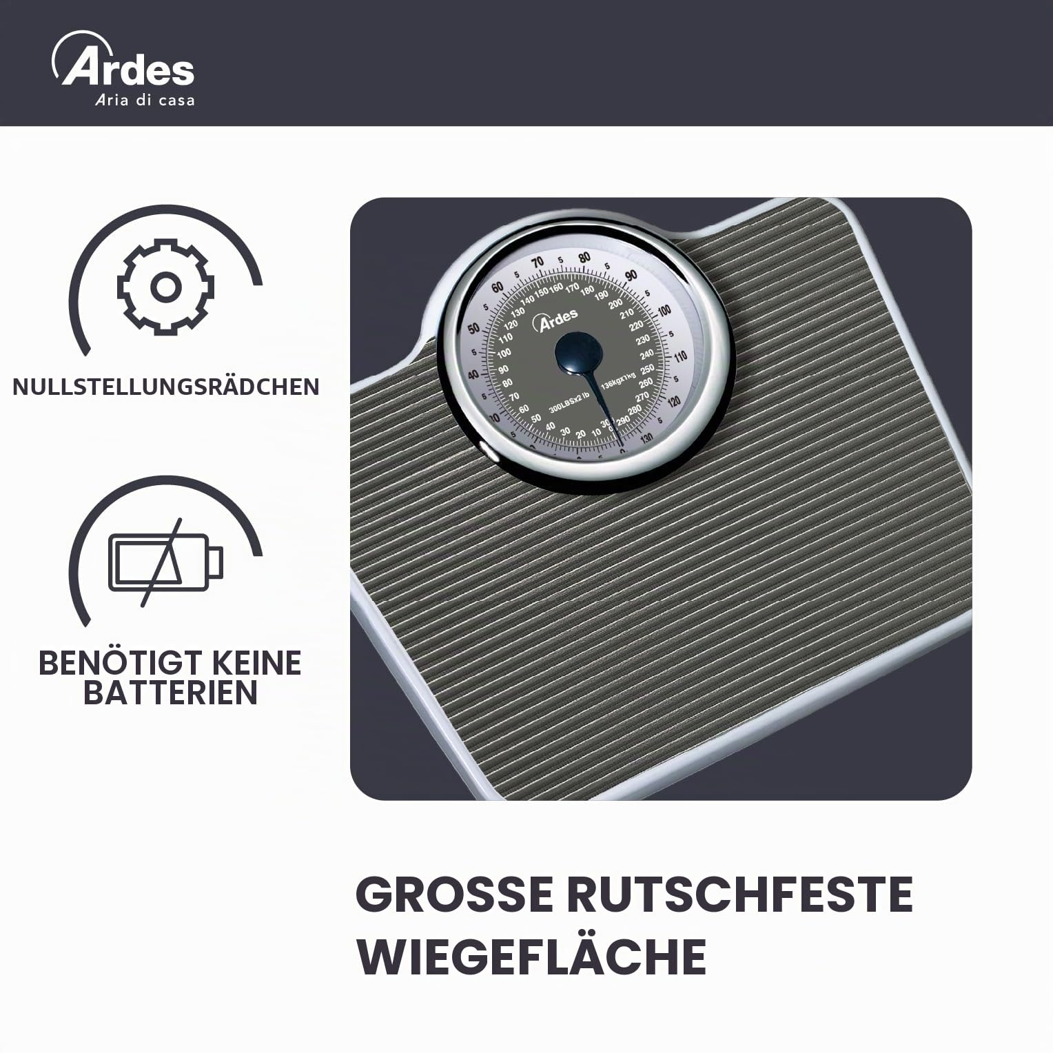 ARDES - AR2PP2M Mechanische Personenwaage ohne Batterien, Vintage-Stil, mit rutschfester Matte - Gewicht in Kilogramm und Pfund