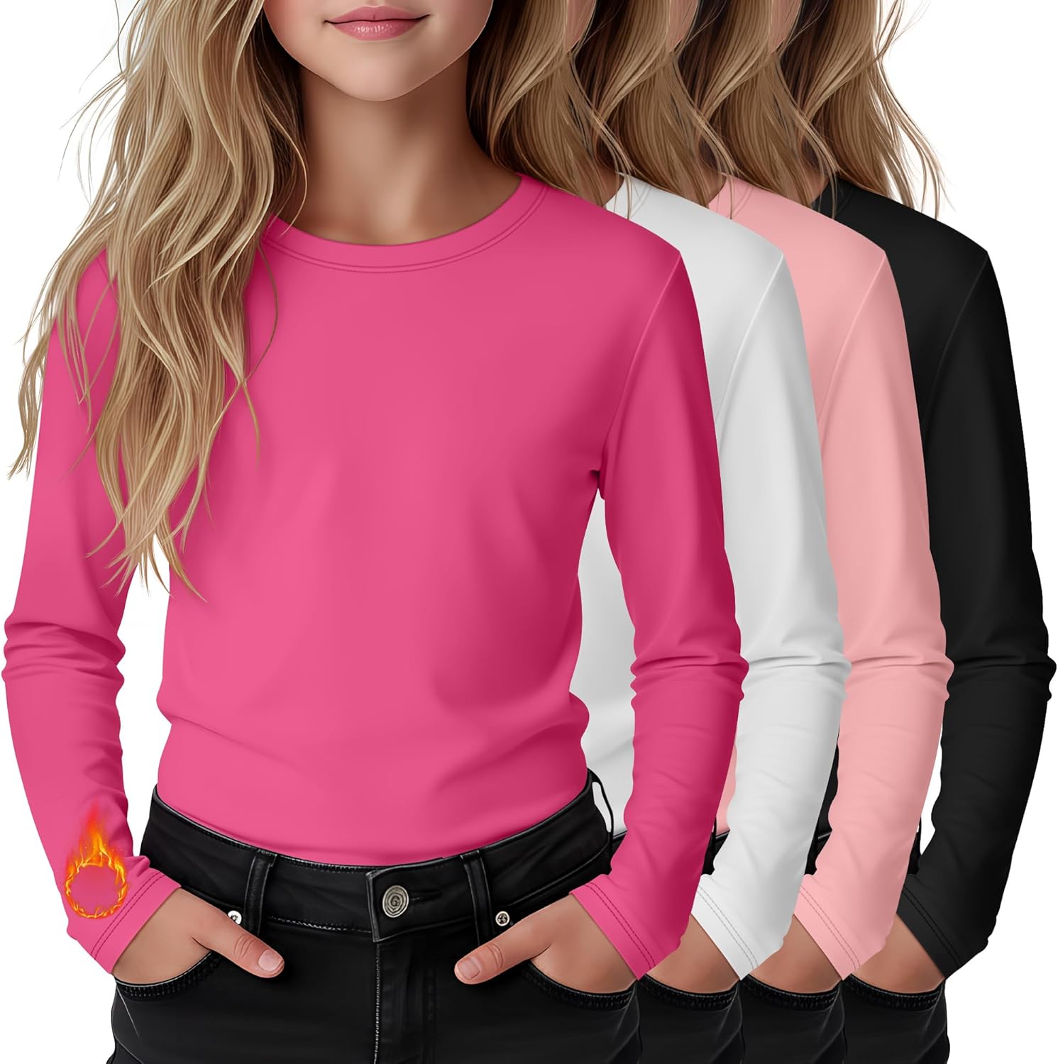 4 Pack Girls Long Sleeve Shirts Kids Thermal Basic Tops Fleece Lined Crewneck Trendy Fall Layering Tees 5-14 Years