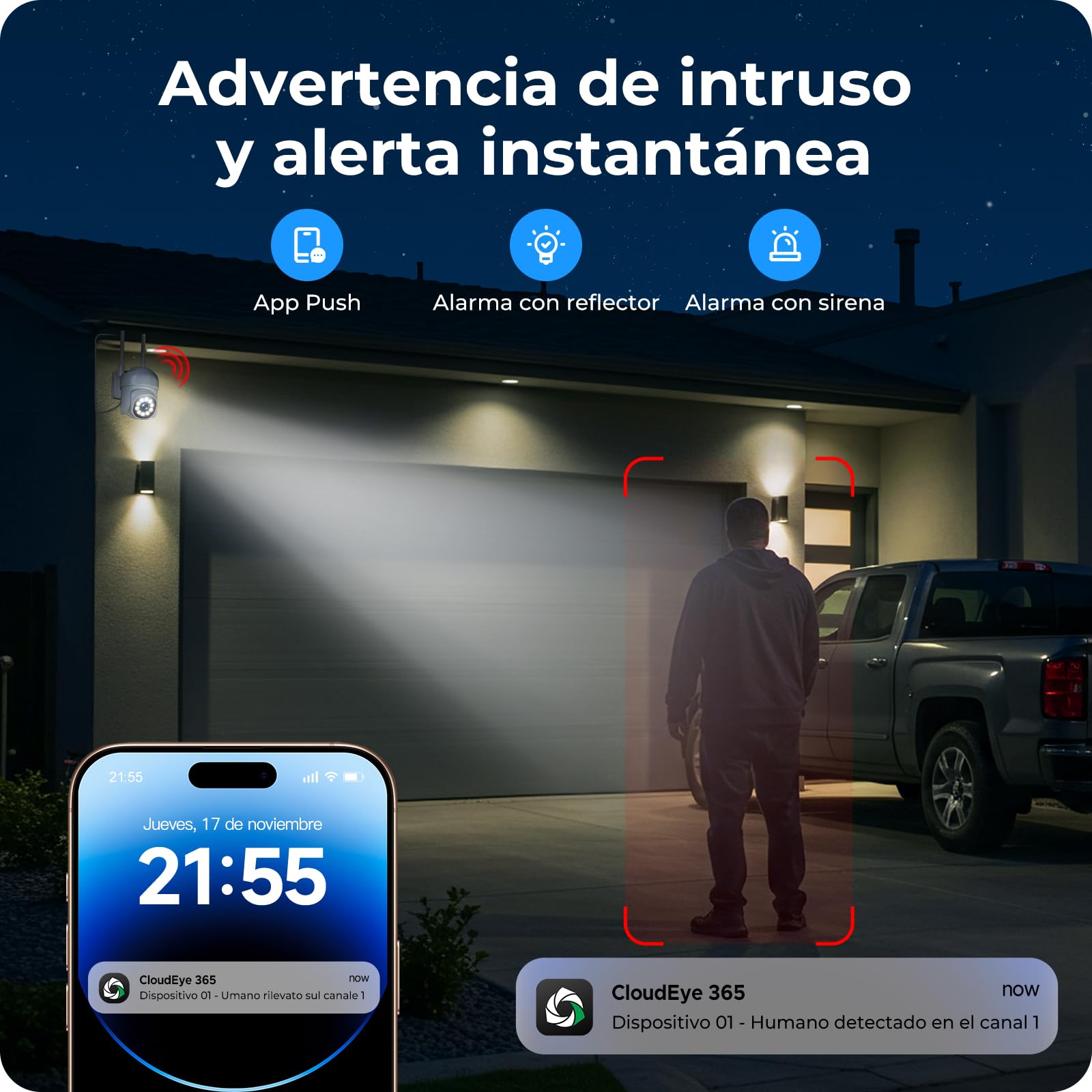 Camcamp Kit Camaras de vigilancia, 8X PTZ Cámara Vigilancia WiFi Exterior, Seguimiento Automático, Visión Nocturna en Color, Grabación 24/7, 16CH NVR con Memoria Local de 500 GB, Audio Bidireccional