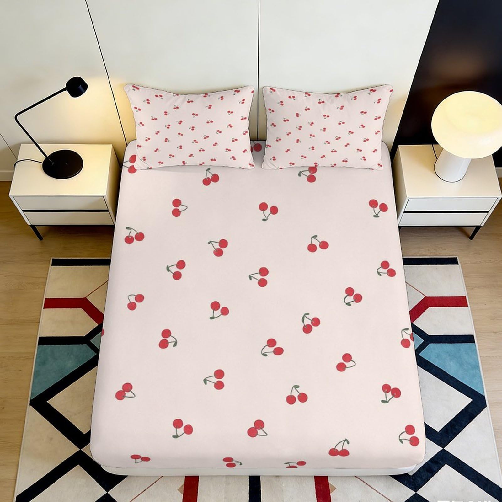 3D Printed Cherry Pattern Fitted Sheet Microfiber Soft Pink Fruit Bed Cover for Bedroom Guest Room Mattress Protection Decor 160x200x25cm