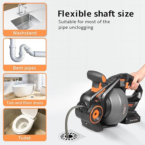 Miniatura 3 de DOMINOX Barrena de drenaje eléctrica con serpientes de fontanería de 25 pies, removedor de obstrucciones de drenaje de serpiente para desatascar