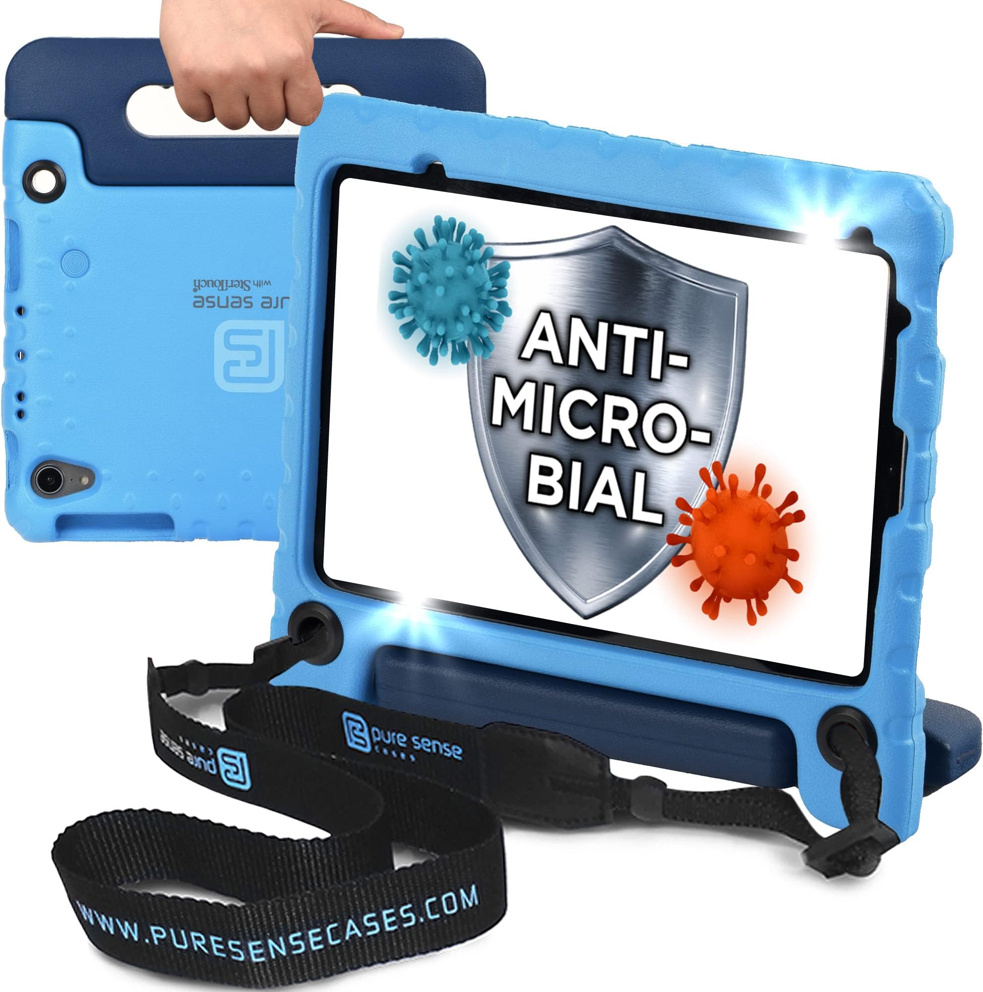 Pure Sense Buddy Antimicrobial iPad Mini 6 Case Kids - Tablet Case for iPad Mini 6th Generation with Pencil Holder, Screen Protector, Strap and Spray