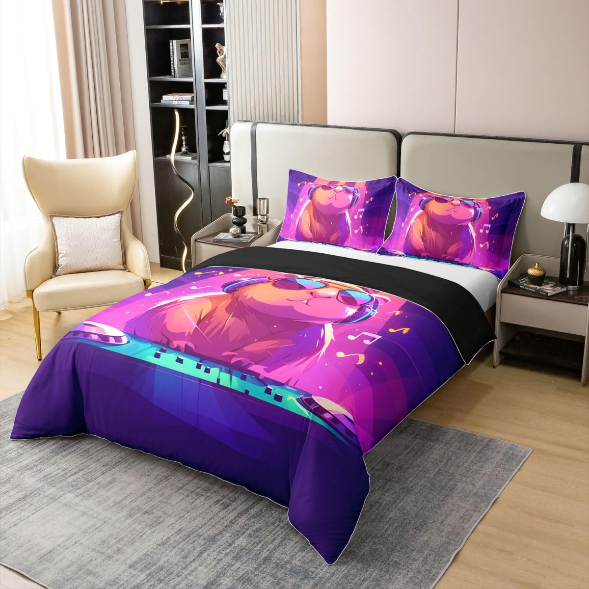 Manfei Set di biancheria da letto con simpatico porcellino d'India, per ragazzi e ragazze, divertente, motivo criceto, animale, musica hip hop, viola, decorazione per camera da letto, 2 pezzi, per