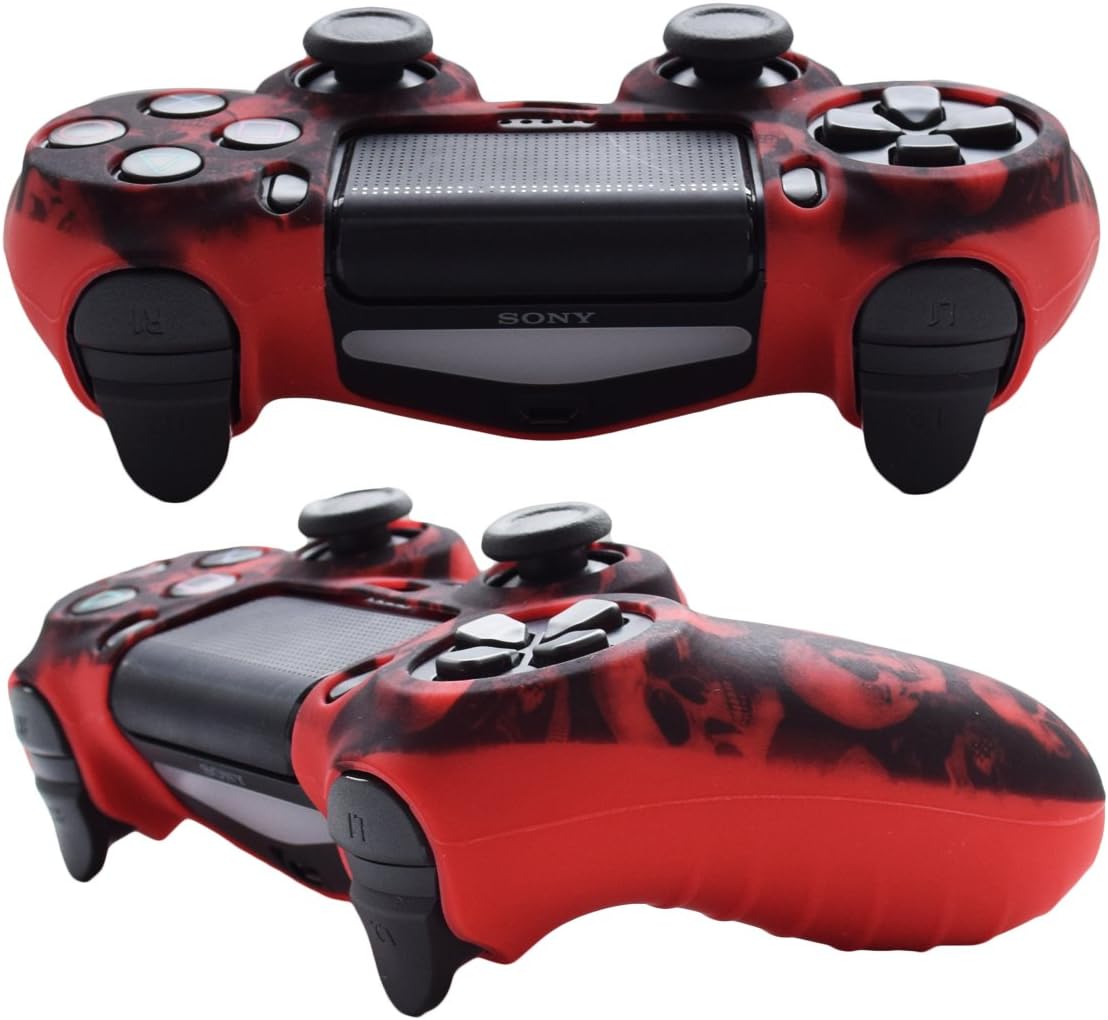 Skin Compatible for PS4 Controller Pandaren Anti-Slip Silicone Cover Skin PS4 Grip Set for PS4 /Slim/PRO Controller(Red Skull Controller Skin x 1 + FPS PRO Thumb Grips x 8)