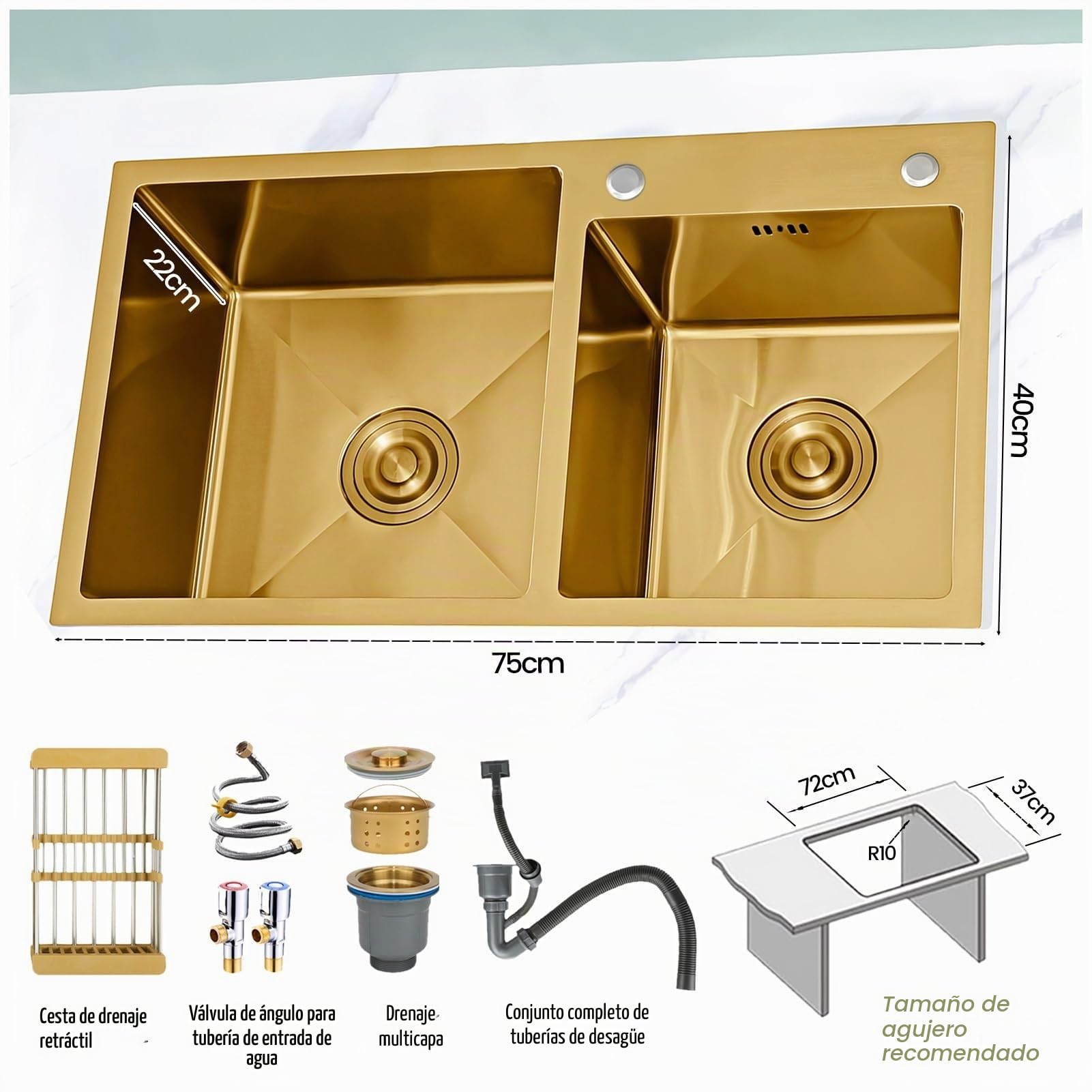 Dorado Fregadero Cocina 2 Seno 75x40cm, Fregadero Cuadrado de Acero Inoxidable con Grifo, Apto para instalación bajo encimera, Enrasado o Sobre encimera