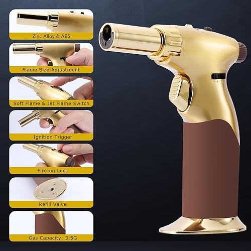 Miniatura 4 de Antorcha de cocina dorada, pistola de butano de doble llama para velas y crema Brulee y más, encendedor de antorcha de cocina recargable, gas butano