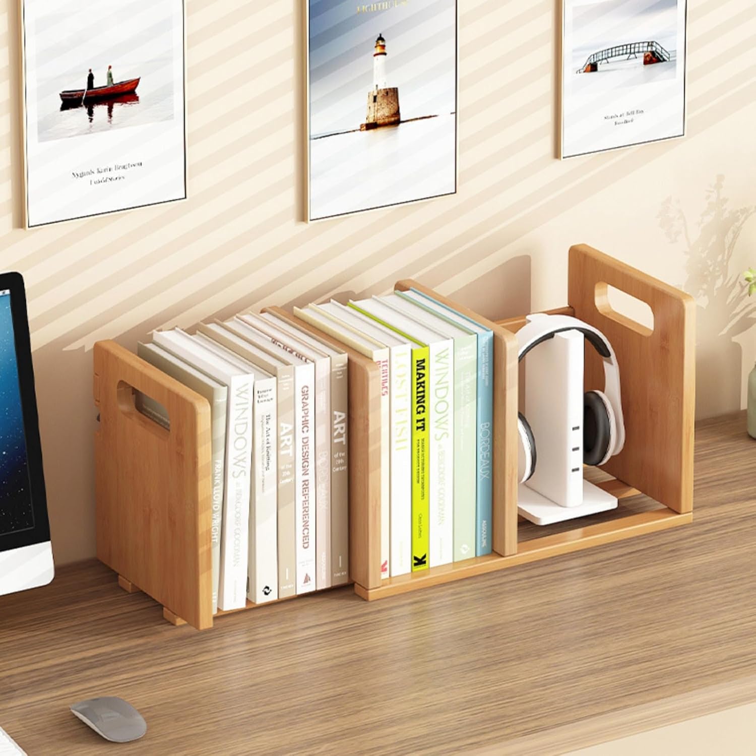 大容量 伸縮型本立て デスク上ラック 木製 軽量 本棚 スリム おしゃれ 縦 本収納ラックブックスタンド机上ラック小物入れ 卓上棚