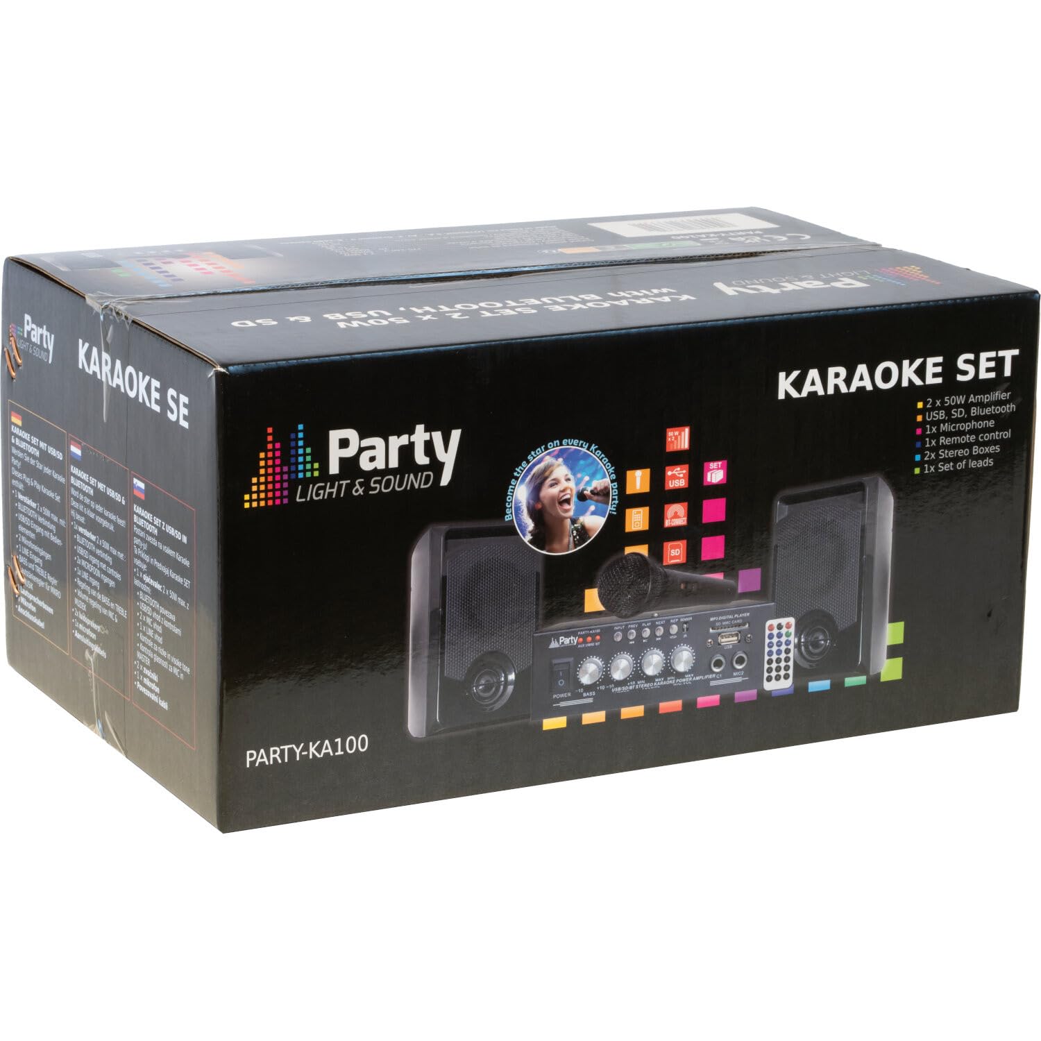 Party Light & Sound - PARTY-KA100 - Kit de karaoke con 1 amplificador (2x50w), 1 micrófono y 2 altavoces (2x50W) - USB, Bluetooth y SD - Negro