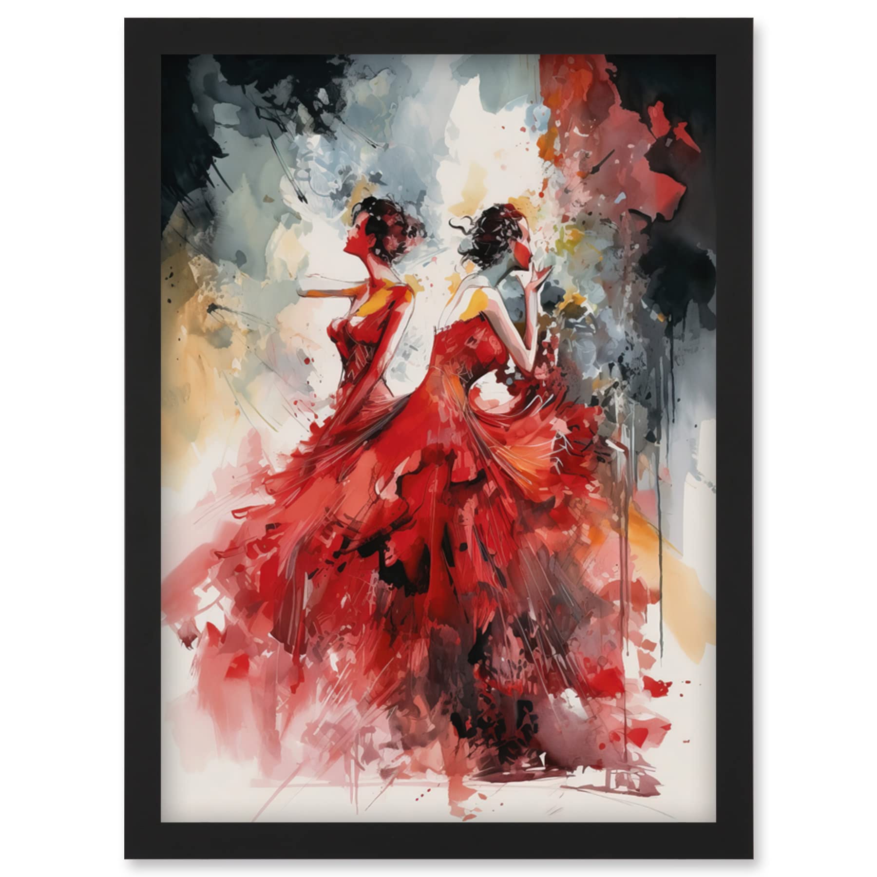 Artery8 Flamenco Music Female Dancers Dancing on Stage in Red Dresses Modern Watercolour Painting Artwork Framed Wall Art Print A4