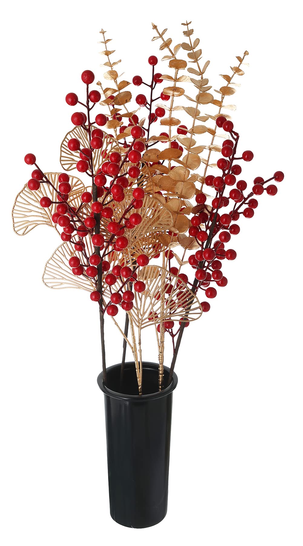 Ramas artificiales de tallo largo rojo de bayas de acebo de imitación de eucalipto en aerosol de plástico falso hojas de albaricoque dorado para decoración de mesa de Navidad
