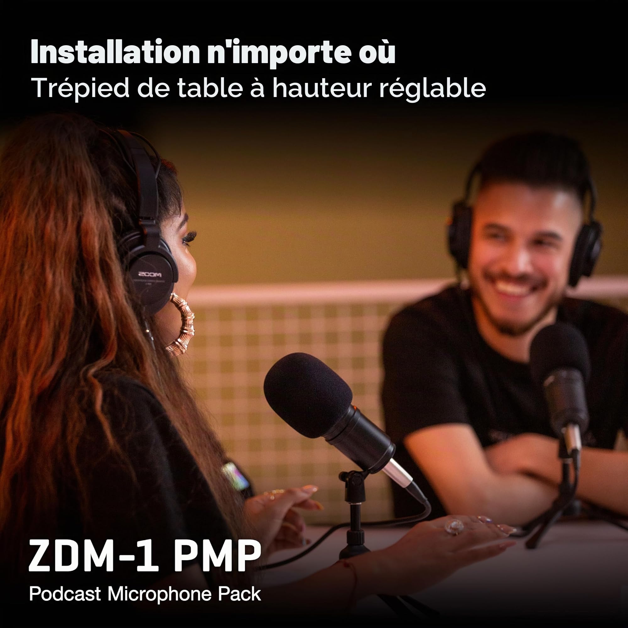 Zoom ZDM-1 Lot de micros pour baladodiffusion, microphone dynamique, casque, trépied, pare-vent, câble XLR, pour l'enregistrement de podcasts