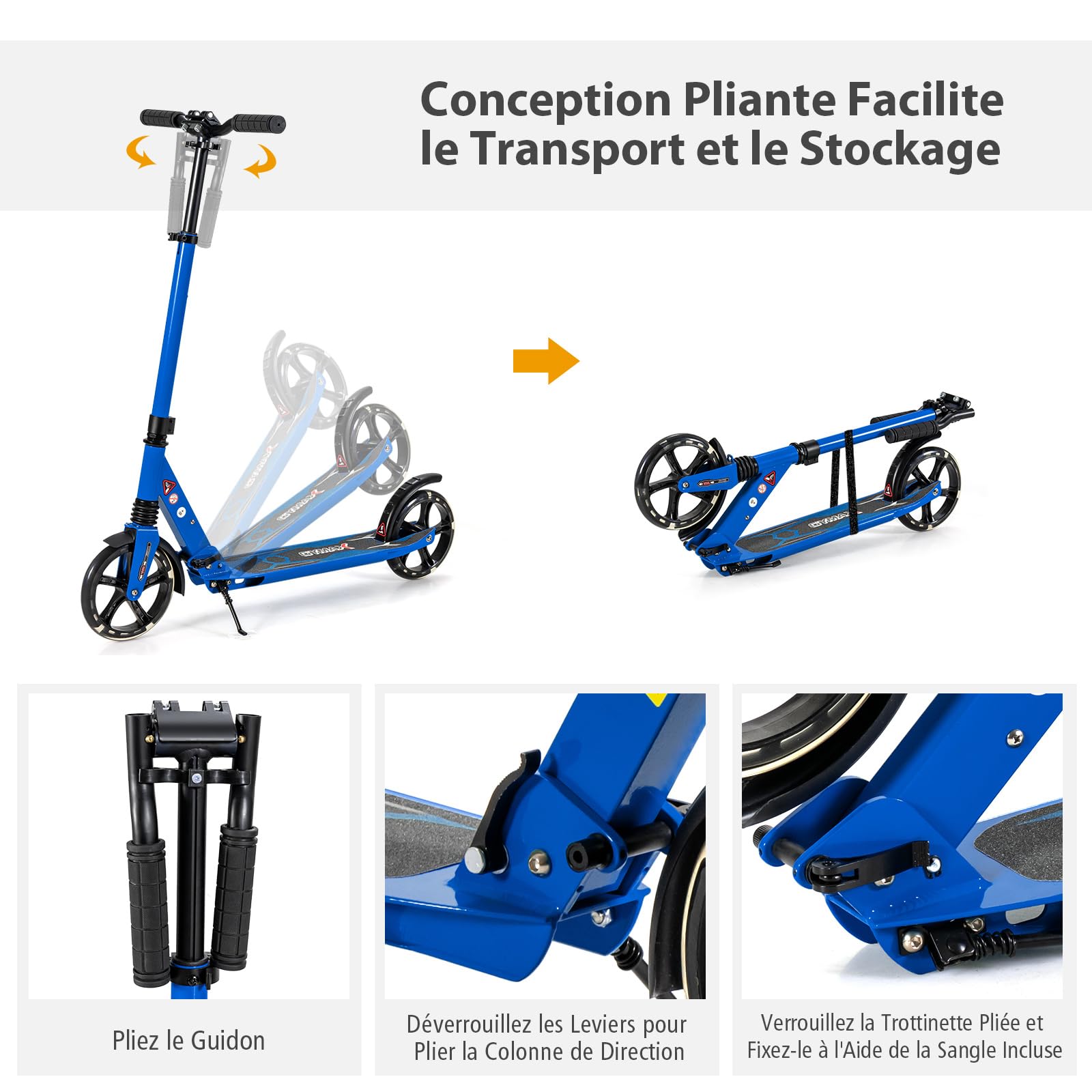 COSTWAY Trottinette Enfant Pliable avec 2 Roues Clignotantes & 3 Hauteurs Réglables, Trottinette Freestyle avec Béquille & Frein à Pied & Sangle, Charge Max 100KG pour Adultes Adolescents, 8 Ans+