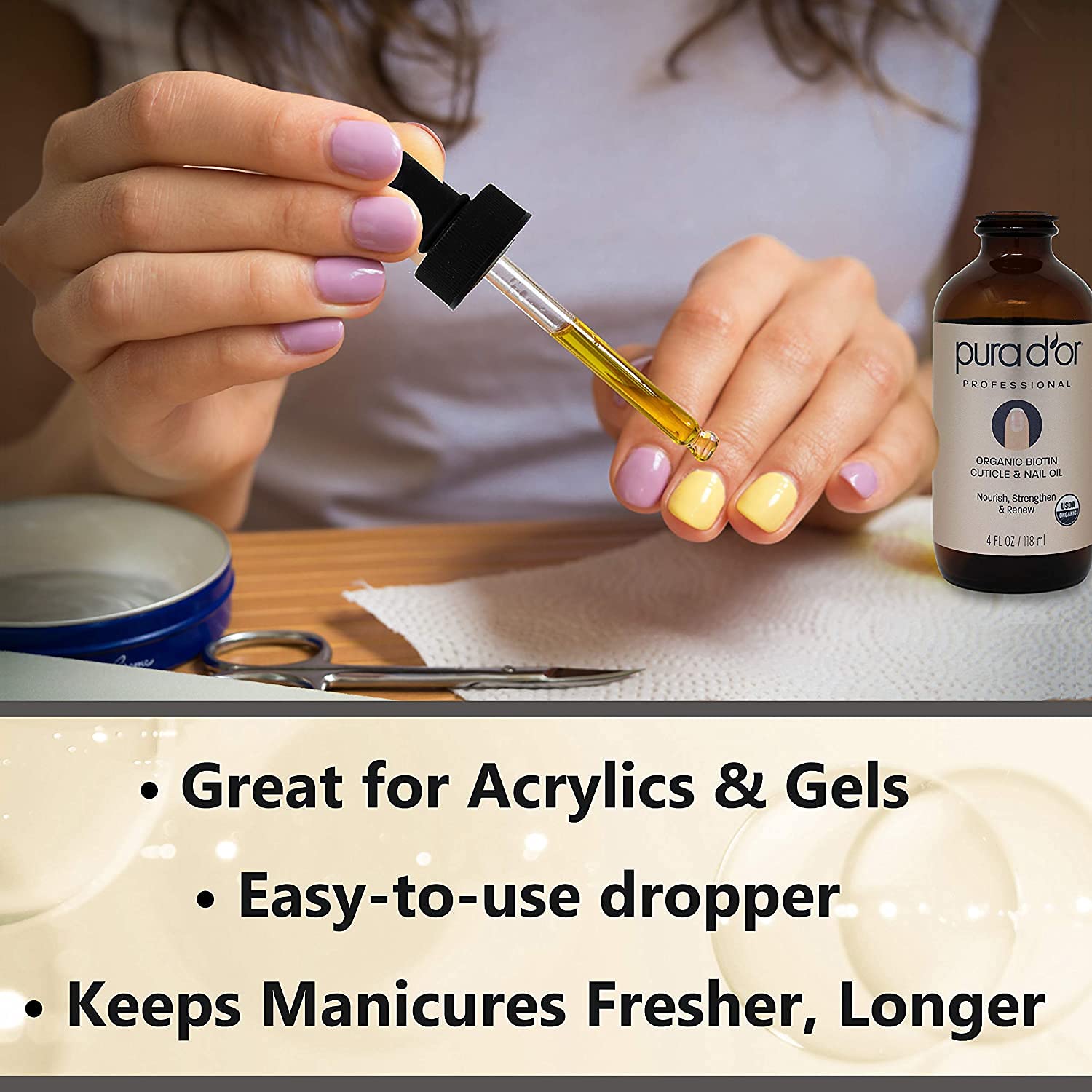 PURA D'OR Organic Nail and Cuticle Oil (4oz) Nourishing Treatment with Dropper - Natural Blend Enriched with Biotin, Vitamin E, Milk for Nail Growth, Healthy Nail Beds and Great for Acrylic Nails : Beauty & Personal Care