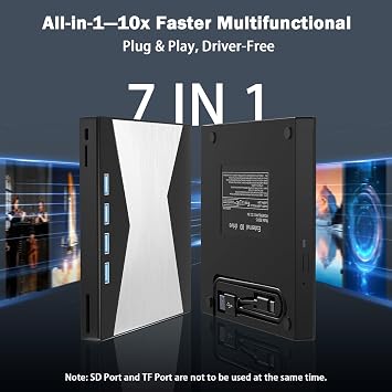 Wbacon 4K External Blu Ray Drive, USB 3.0 & 4 USB Ports 3D Blu Ray Drive | 8 in 1 BluRay Drive with 2 SD/TF Ports & 4 USB Ports , CD/DVD Burner R/W 3D Blu Ray Drive for Windows 7-11 Mac OS Laptop