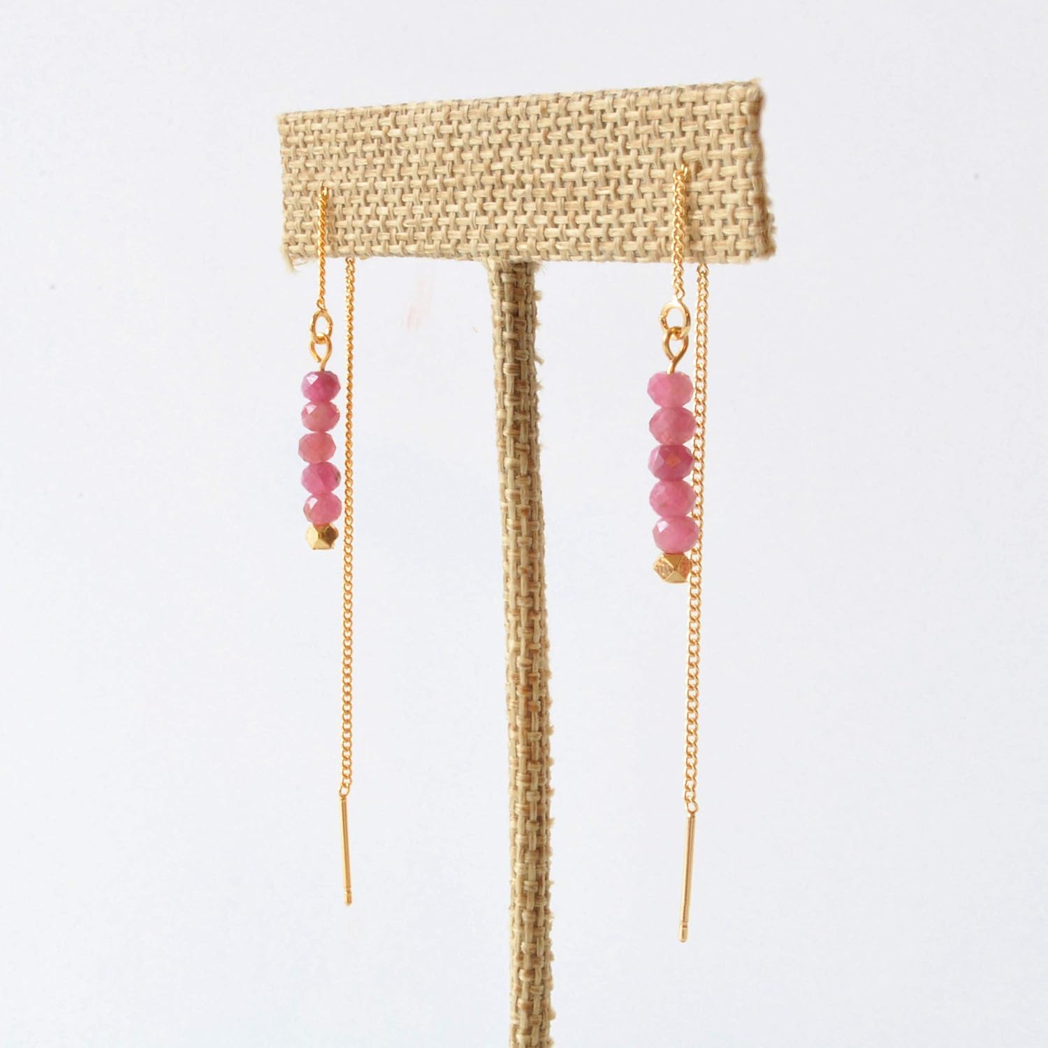 Pink Tourmaline Threader Earrings Gemstone on Gold Chain Dangle Thread Edgy Mothers Day Present