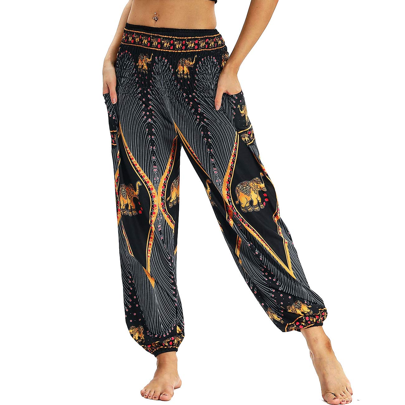 Nuofengkudu Women's Harem Hippie Pants Baggy Boho Patterned High Waist Smocked Waist Thin with Pockets Lounge Trousers for Yoga Summer Beach
