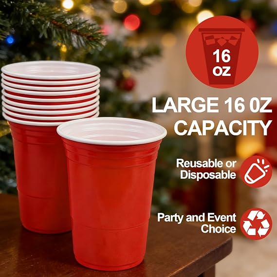 50Pcs Plastic Cups 16oz/470ml Red Party Cups Drinking Cup Reusable & Recyclable for All Events Birthdays, Weddings, Picnics, Christmas, Anniversary Party (Red)