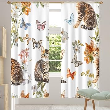 Grommet Semi-Sheer Window Curtains 2 Panels, Cats Butterflies Lovely Animal Pet Theme Light Filtering Curtain Rod Pocket Living Room Drapes, 55" W x 78" L
