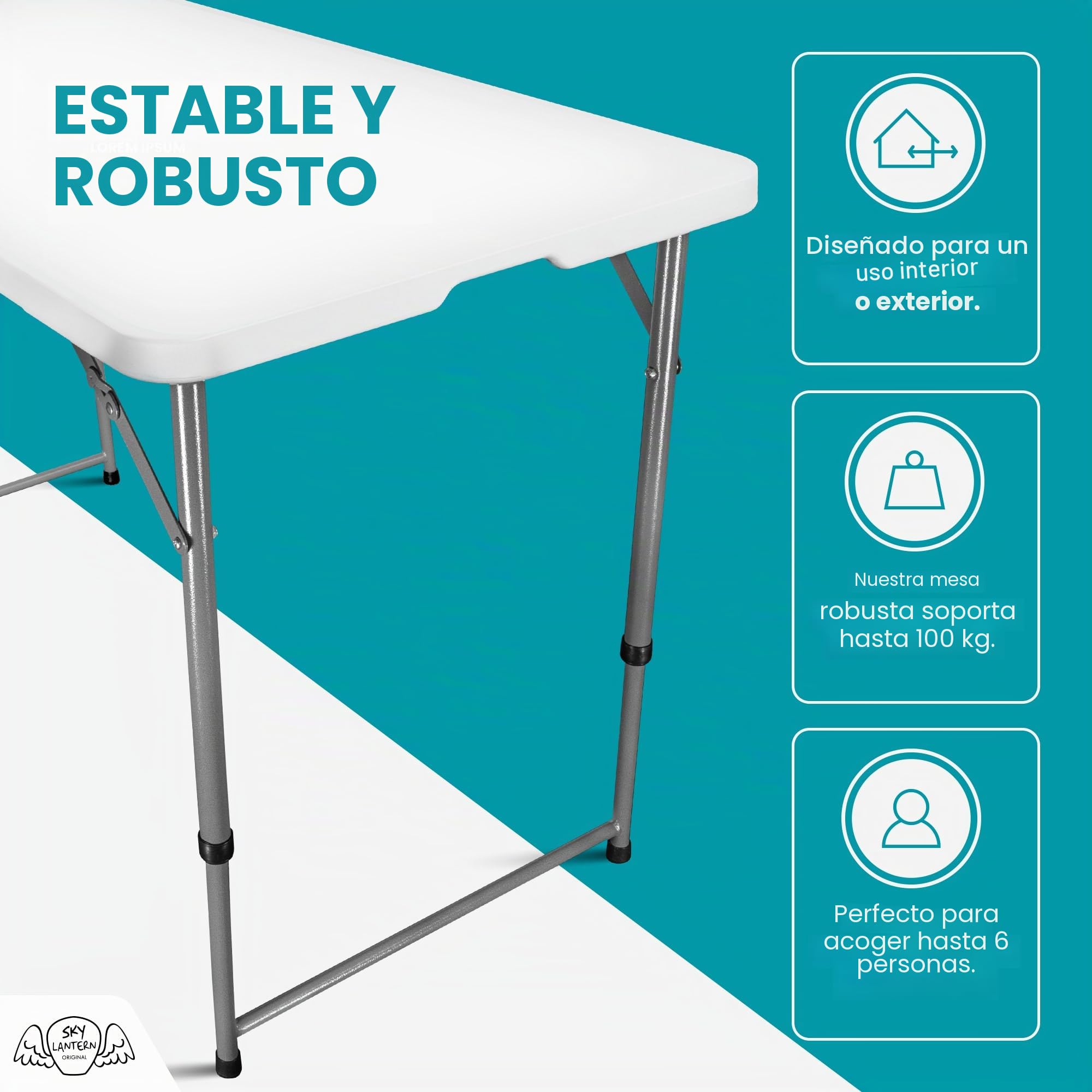 SKYLANTERN - Mesa Plegable Mesilla Tablero (120 cm, rectangular, color blanco, altura ajustable, 6 personas, 120 x 60 x 74 cm, de HDPE de alta densidad, grosor 3,5 cm)