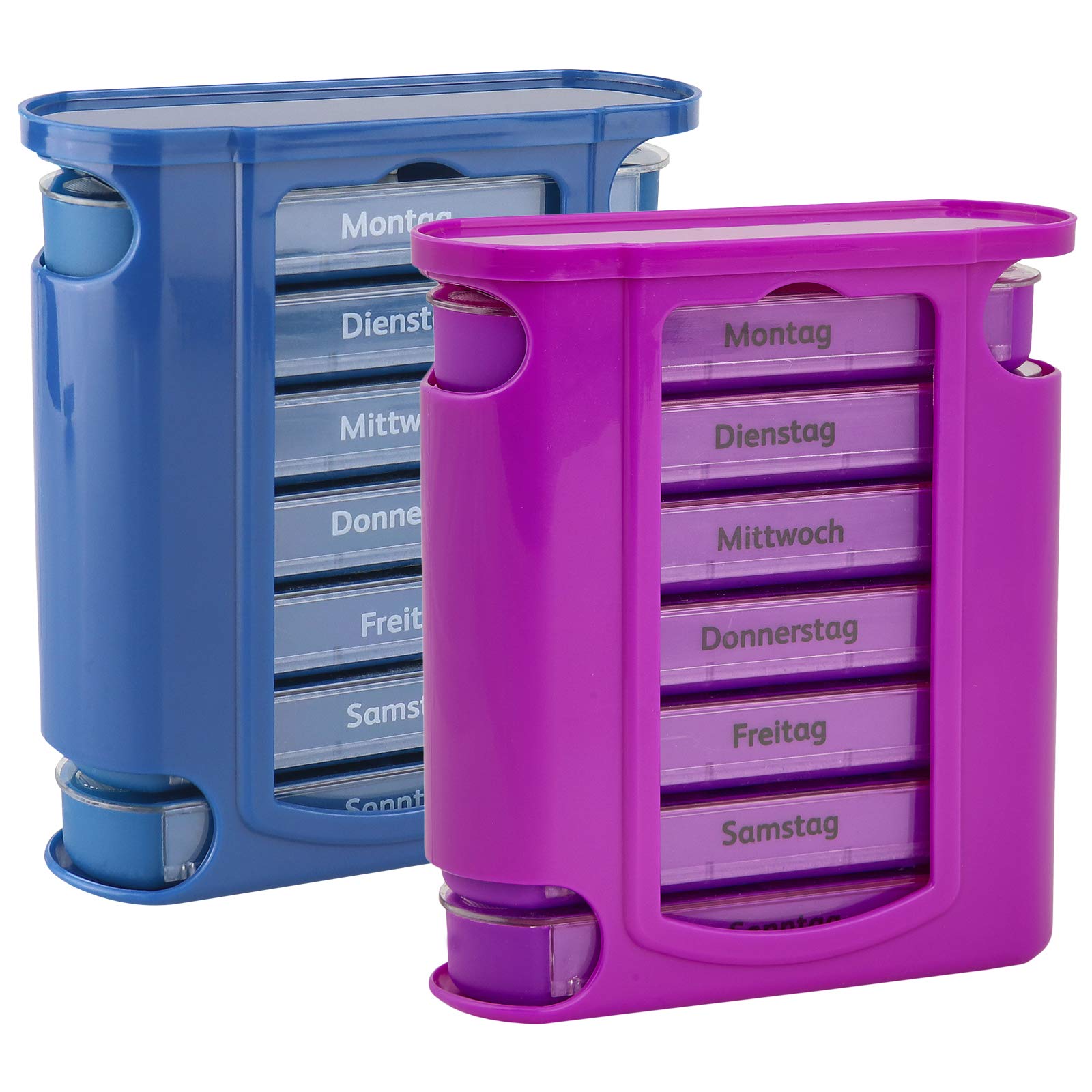 WELLGRO2 x pill box for 7 days – 4 compartments per day each 11.5 x 4.5 x 13 cm (W x D x H) – choice of colours, colour: purple/dark blue