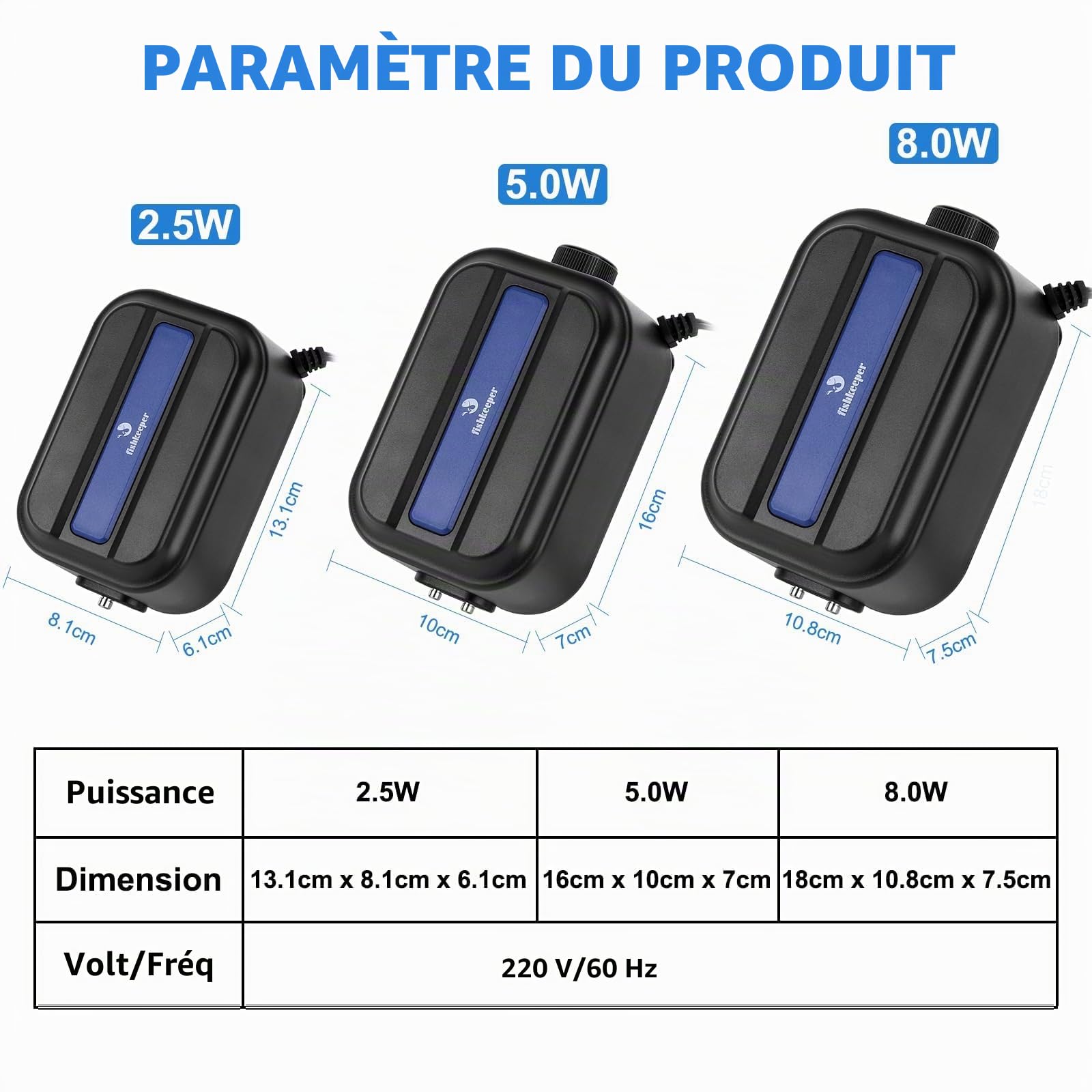 Pompe à air silencieuse pour Aquarium fishkeeper, 2.5/5W/8Watt Pompe à air pour Aquarium jusqu'à 570L, débit d'air Maximum 500LPH