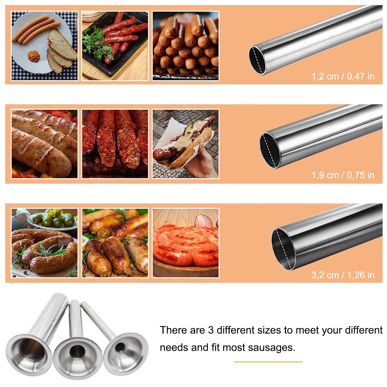 Imbuti Per Salsicce In Acciaio Inox 3 Pezzi Per Tritacarne N.5 - Kit Accessori Per Riempimento Salsicce, Diametri 12/19/32 Mm - 3