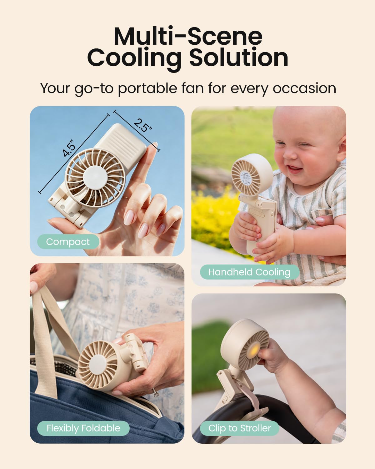 GROWNSY Ventilateur portable pour poussette Beige