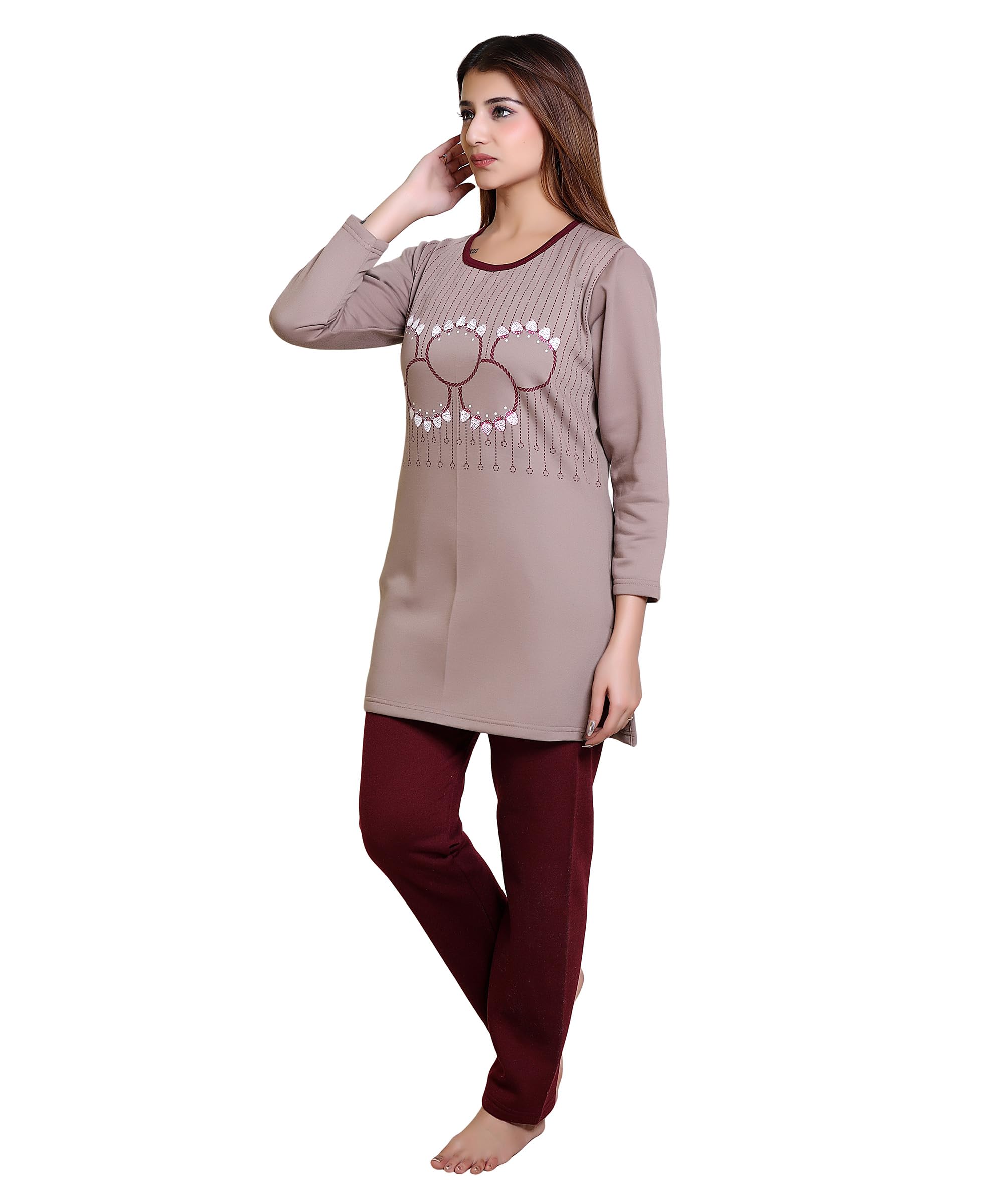 DG Divine GirL Women's Cotton /Printed Winter Wear Night Suit Set for | Pyjama Set Sleepwear Nightwear Nightdress Loungewear (Mouse-Maroon, 3XL) - Image 3 thumbnail