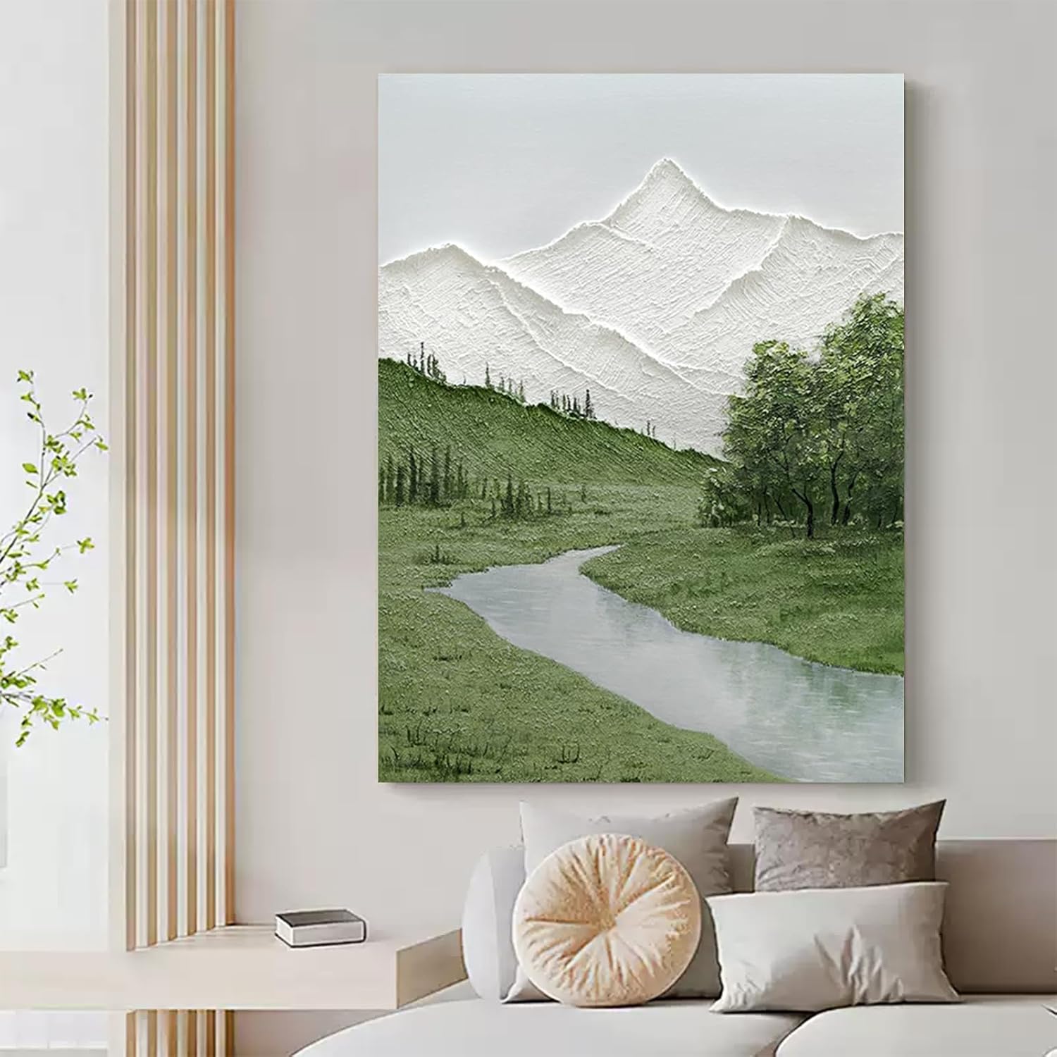 AntExpanse 24x36 Inch Hand-Painted 3D Textured Mountain Landscape Wall Art, Minimalist Green and White River Painting on Canvas, Modern Neutral Abstract Decor for Living Room, Bedroom (Framed)