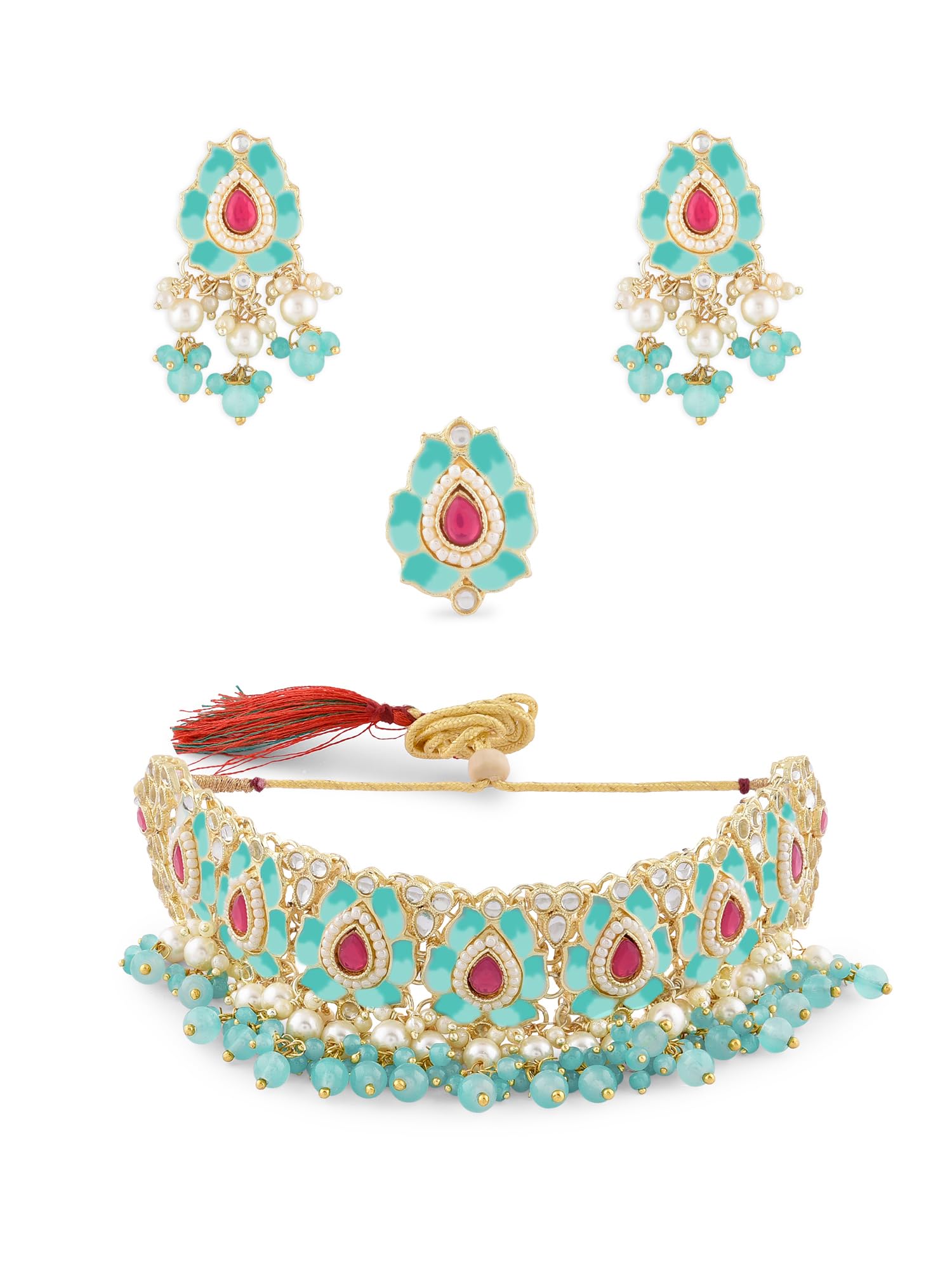 ZAVERI PEARLS Pink & Green Lotus Design Meenakari Choker Necklace Earring & Ring Set For Women-ZPFK14755 (B0BDG5J6ZH) Amazon Price History, Amazon Price Tracker